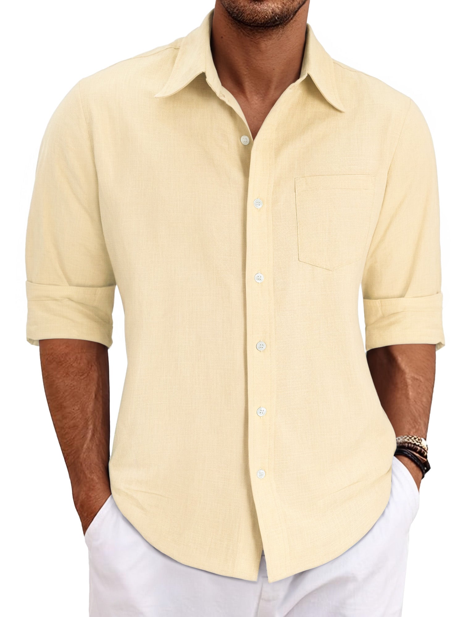 OALUXE Linen Button Down Shirts For Men Casual Long Sleeve Lightweight Dress Shirts With Pocket