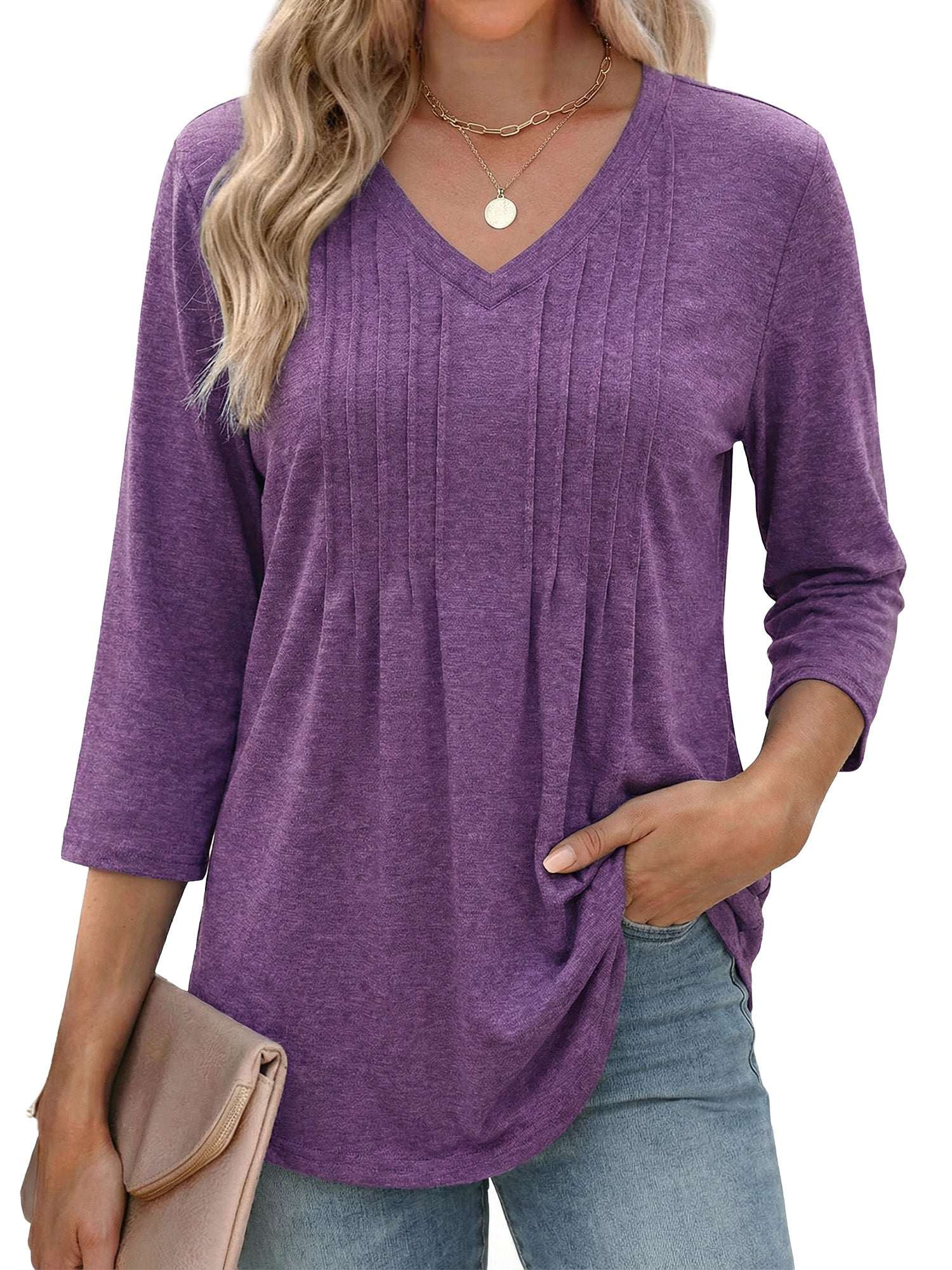 MOYIKO 3/4 Length Sleeve Womens Tops V Neck Pleated Blouses Dressy Casual Tunic Spring Summer Shirts