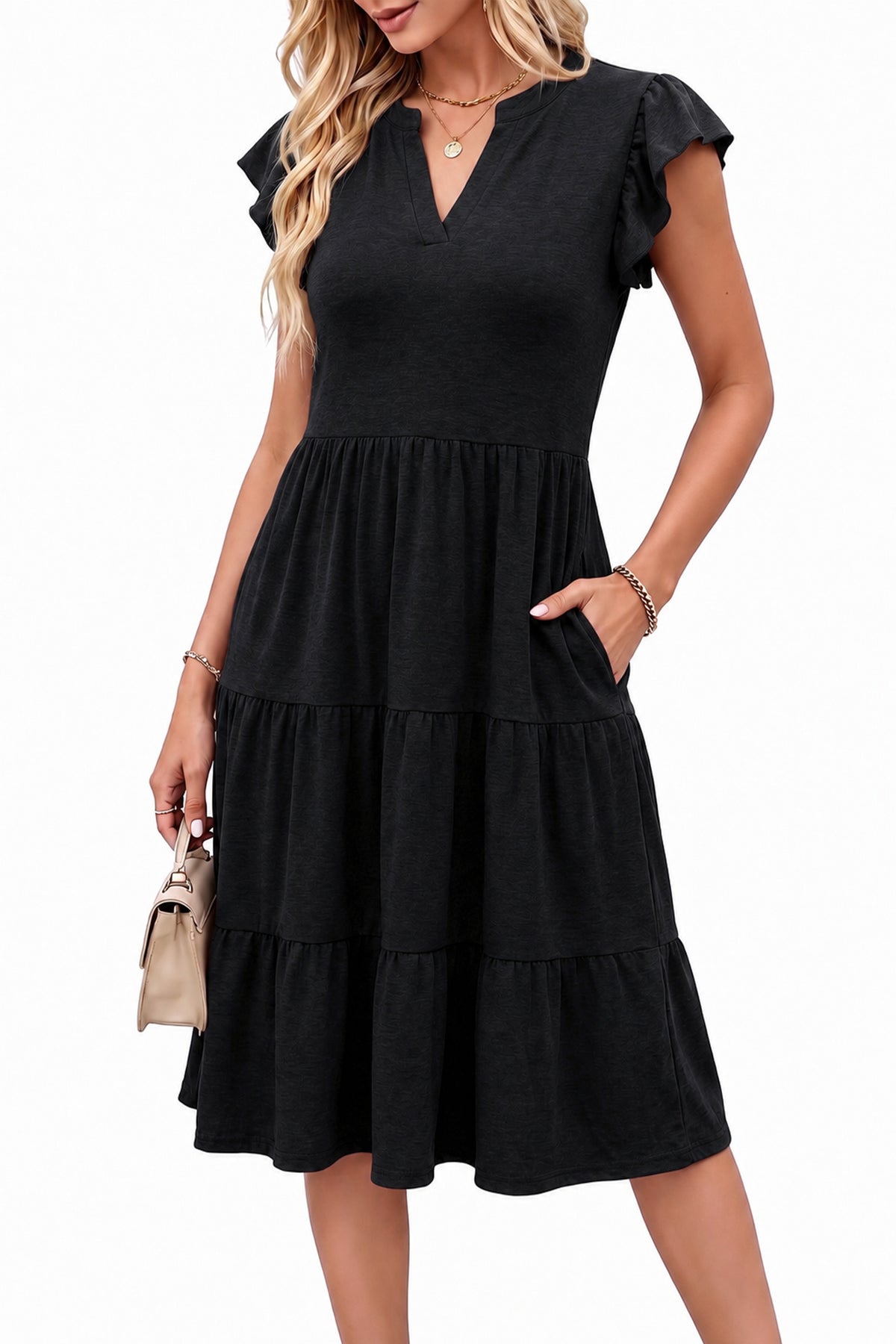 MOYIKO Summer Dresses for Women Ruffle Sleeve V Neck Midi Dresses Fashion Casual Flowy Beach Vacation Sundress with Pockets