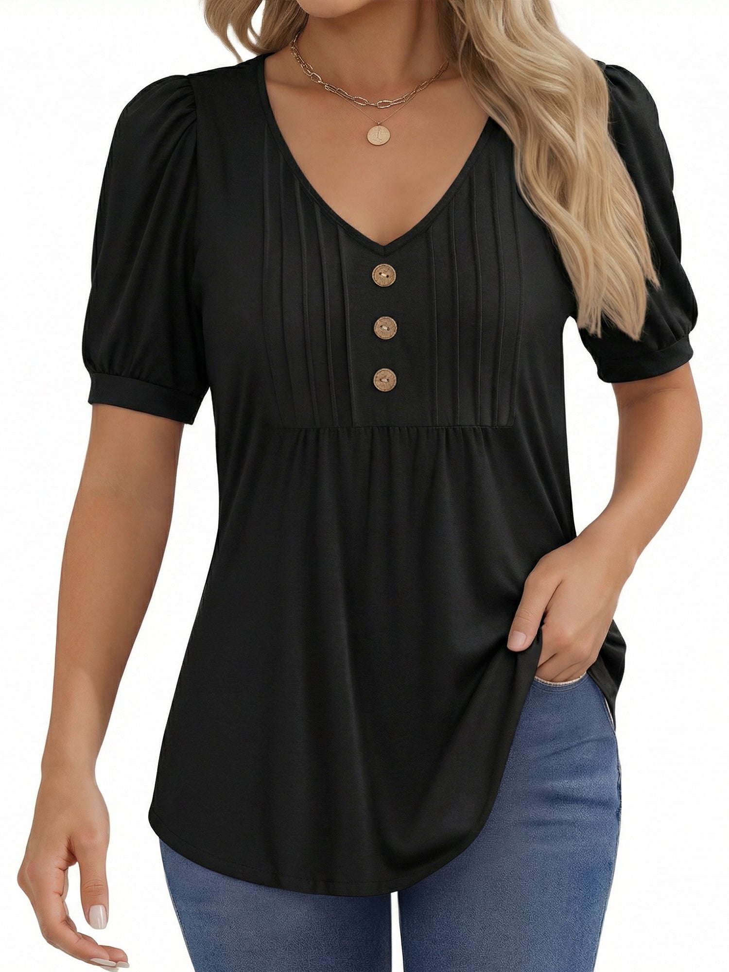 MOYIKO Blouses for Women Pleated Button Puff Short Sleeve Shirts Dressy Casual V Neck Tunic Tops Summer Shirts