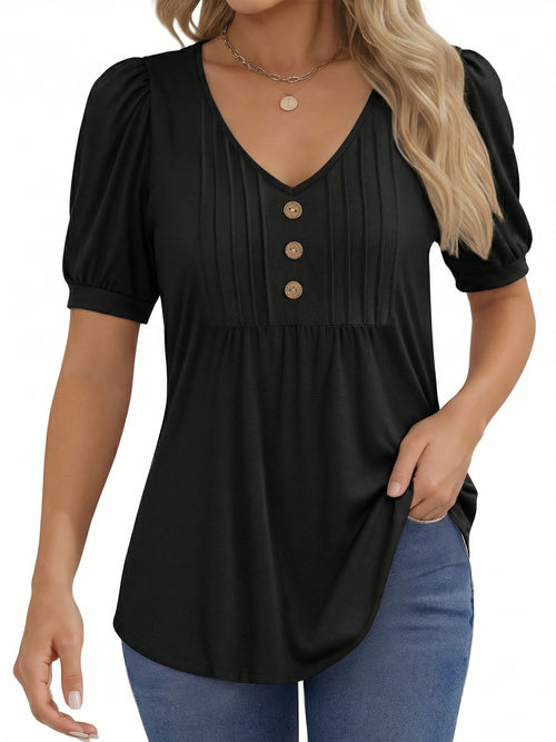 MOYIKO Blouses for Women Pleated Button Puff Short Sleeve Shirts Dressy Casual V Neck Tunic Tops Summer Shirts