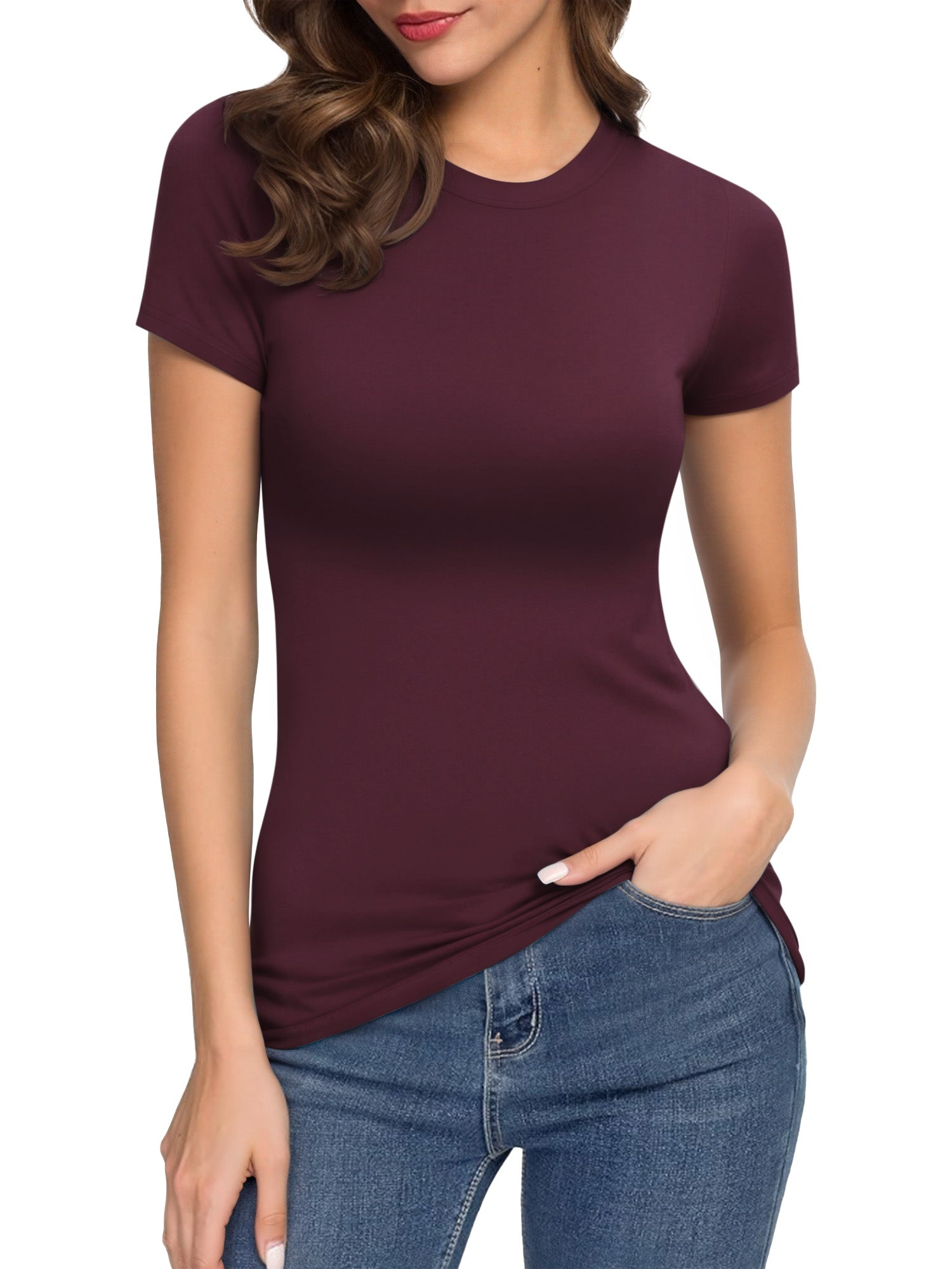 MOYIKO Crewneck T Shirts for Women Short Sleeve Slim Fitted Tees Basic Tight Summer Tops