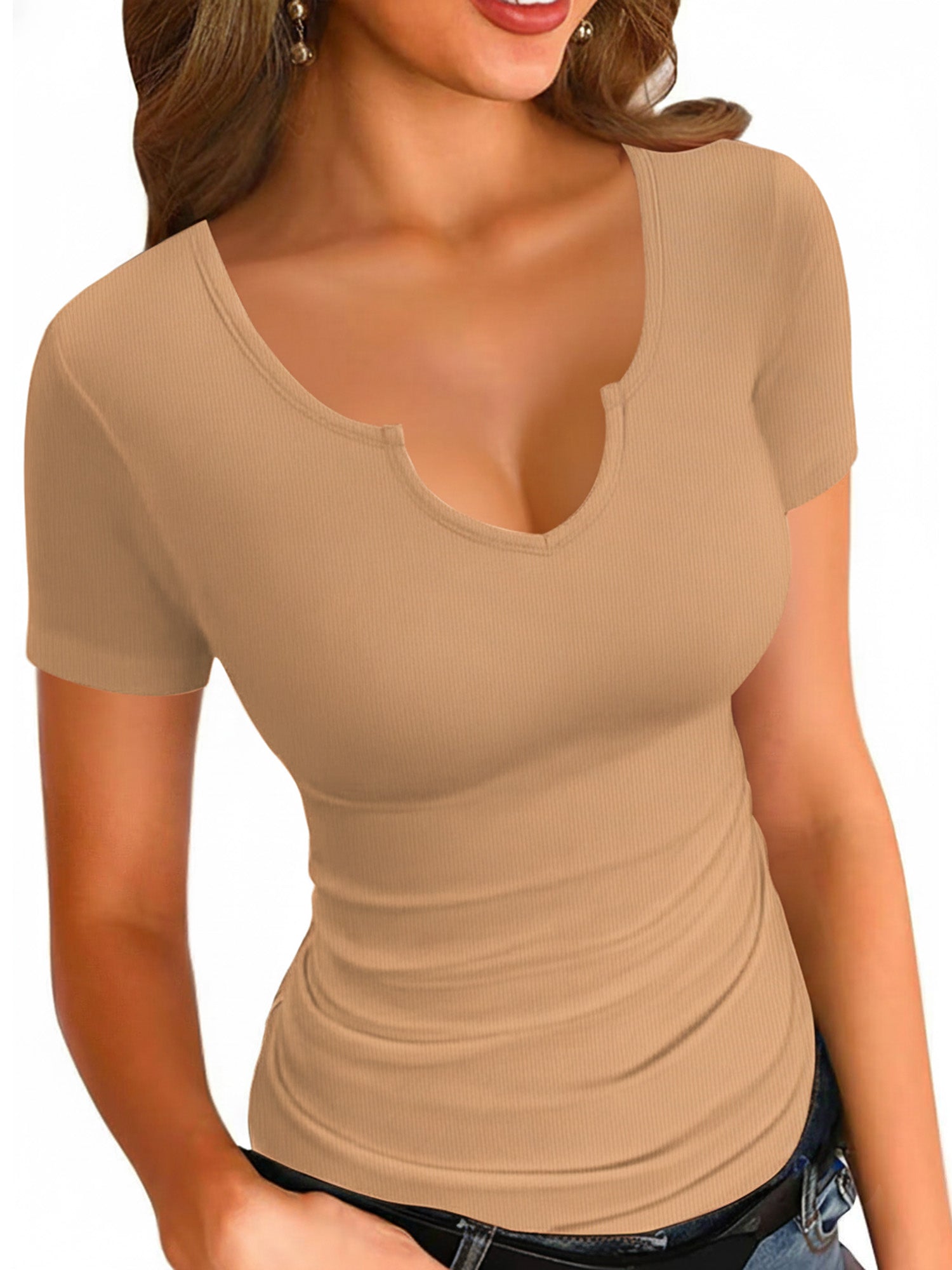MOYIKO V Neck Notched Neckline Shirts for Women Short Sleeve T Shirts Summer Tops Tees