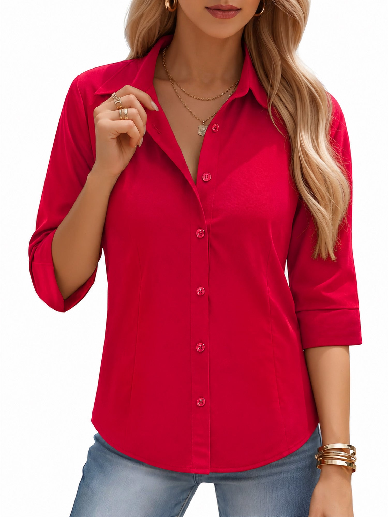 MOYIKO Womens Button Down Shirts 3/4 Sleeve Basic Business Dress Shirts Collared Work Office Fitted Blouses Tops
