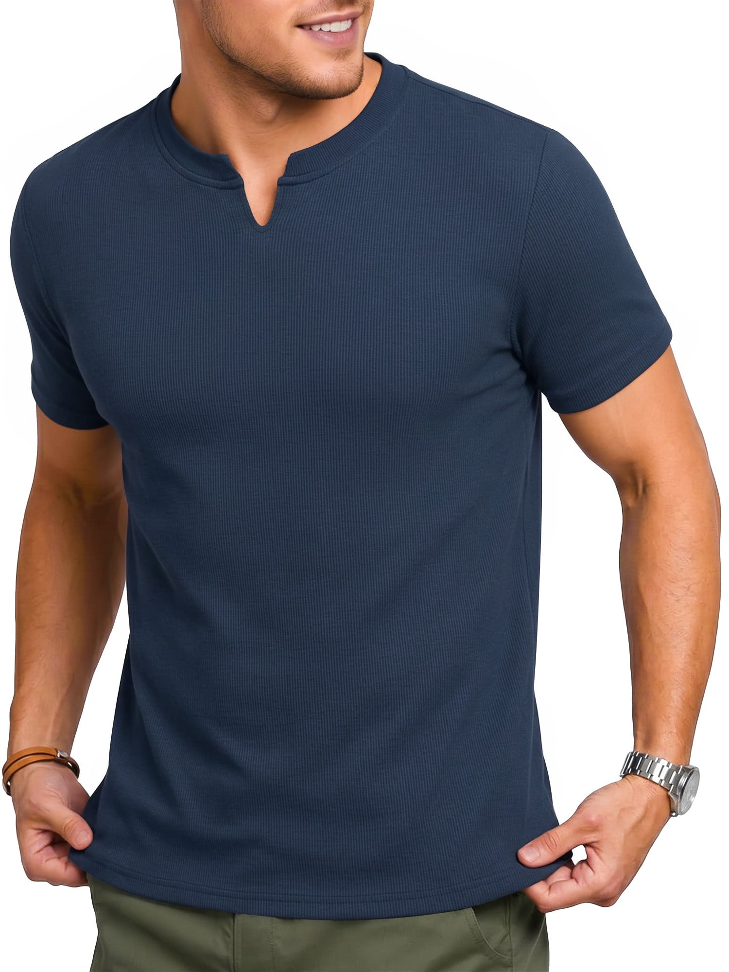 RICHCOIN Mens Muscle Slim T Shirts Texture V Neck Henley Gym Workout Athletic Tee Shirt