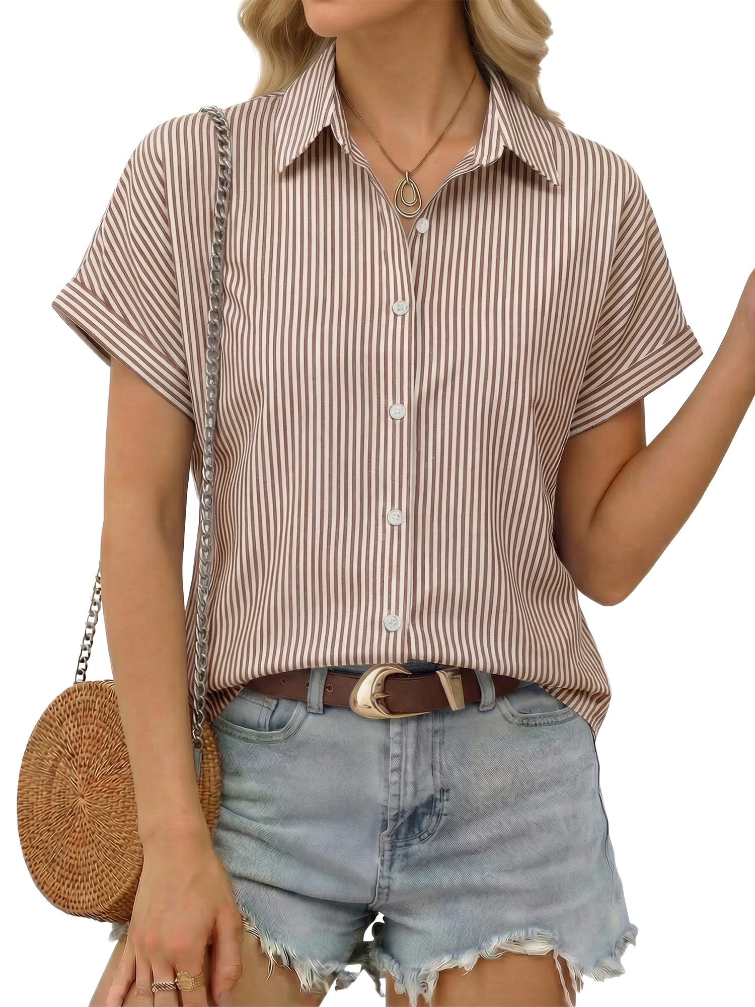 MOYIKO Short Sleeve Summer Tops for Women Casual Button Down Shirts Striped Business Work Blouses