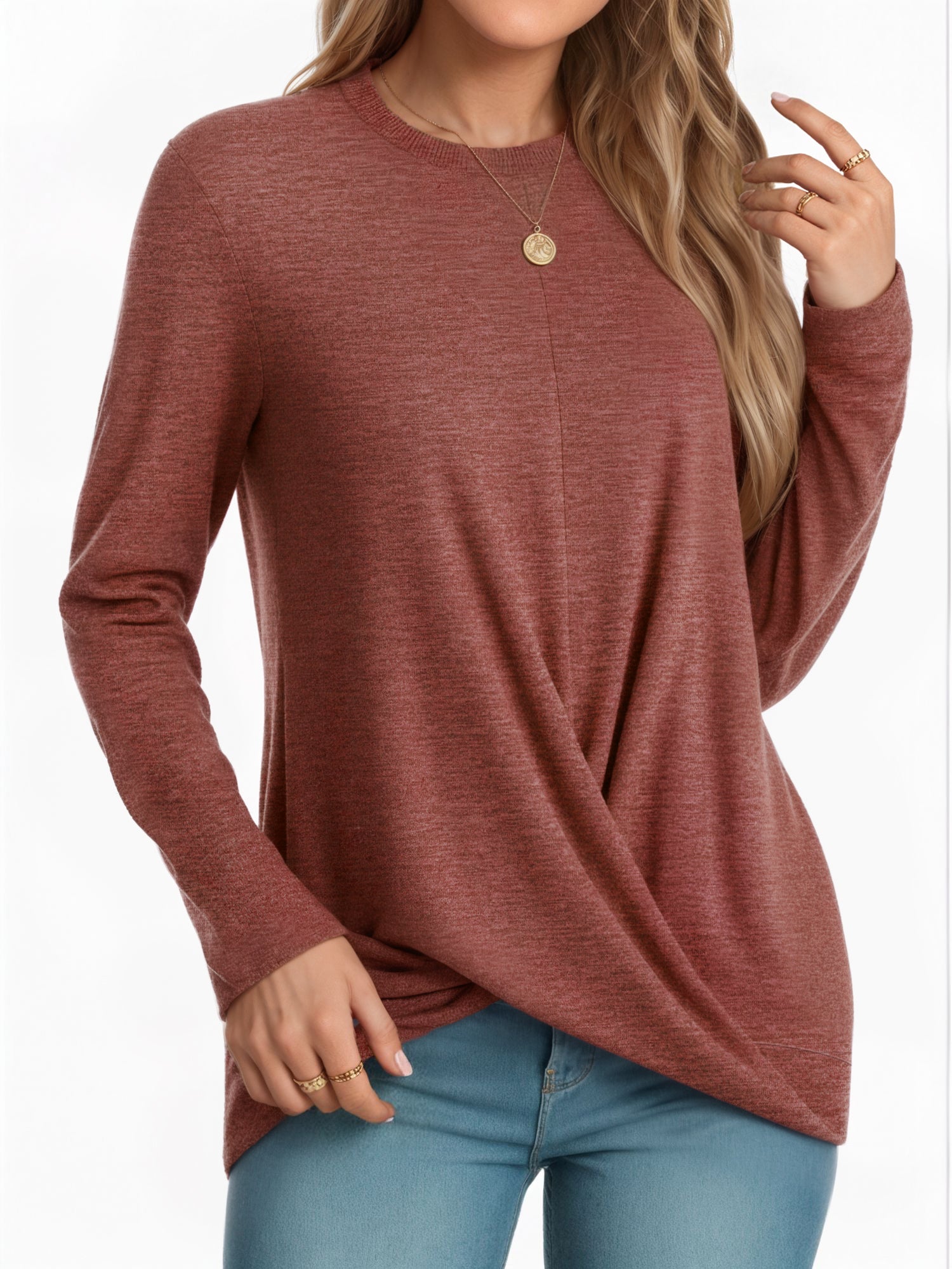 OALUXE Long Sleeve Shirts for Women Dressy Casual Tunic Tops Crewneck Front Twist Blouses