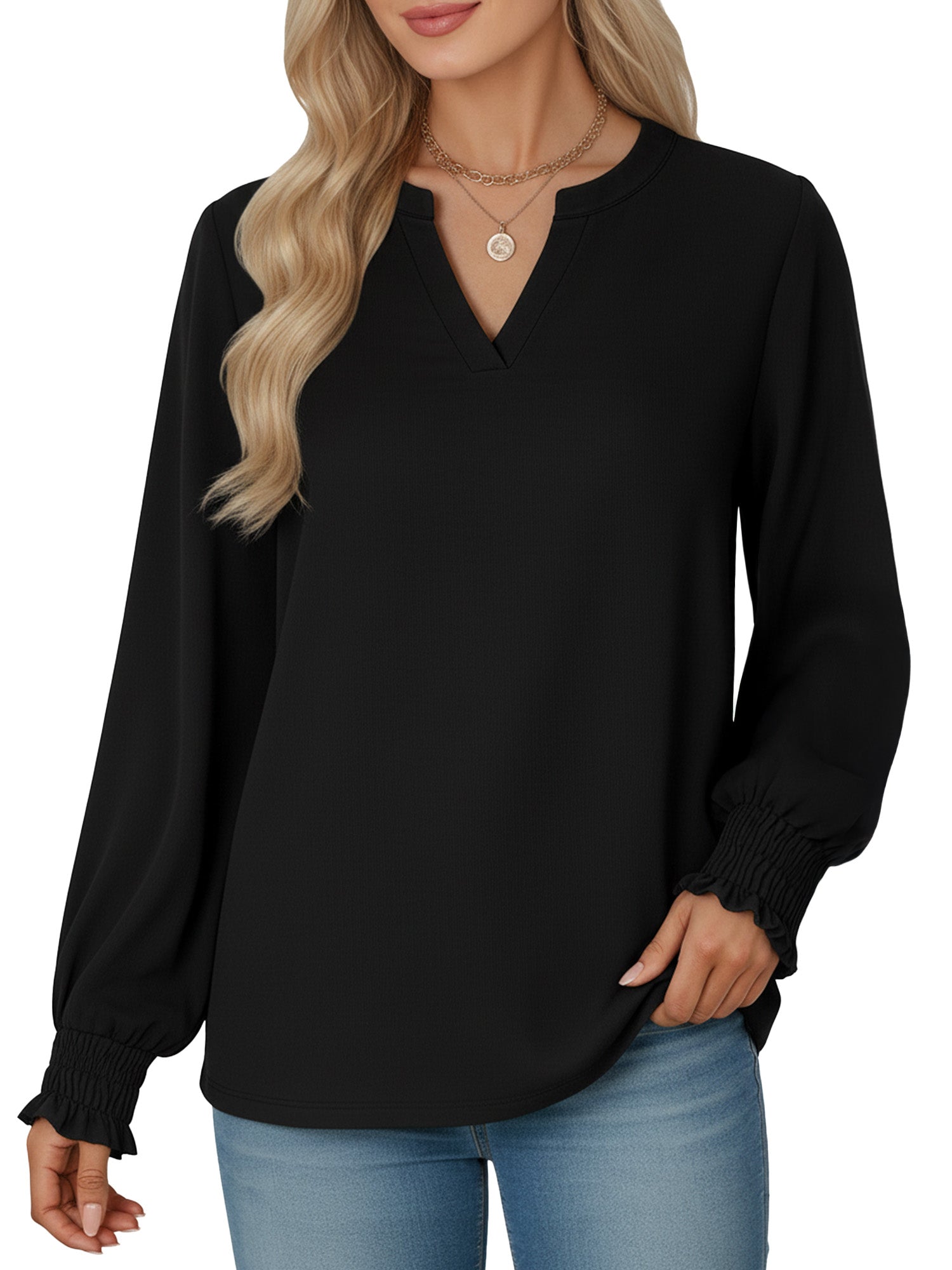 OALUXE Blouses for Women Long Sleeve Shirts V Neck Smocked Cuffs Tunic Tops