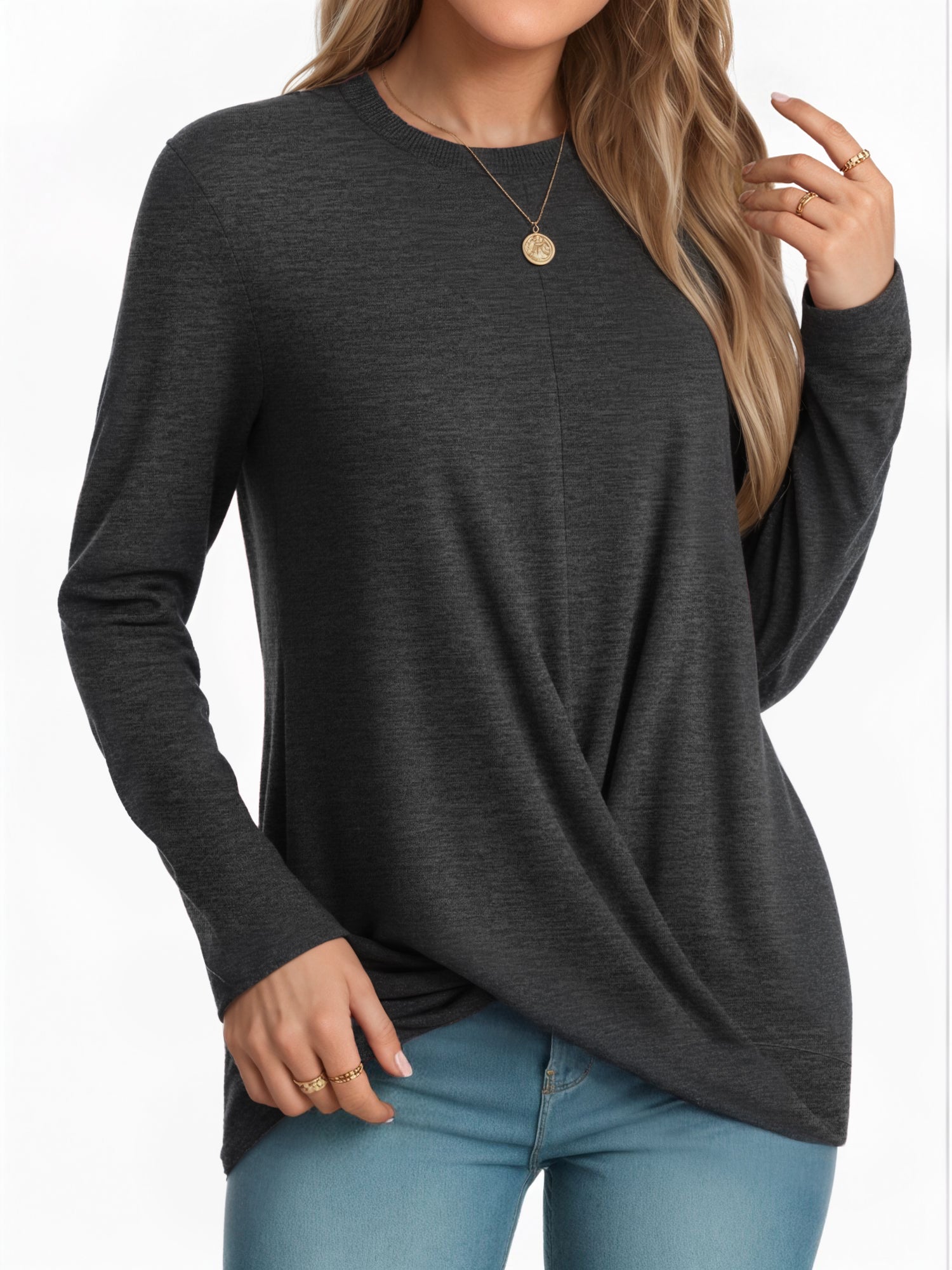 OALUXE Long Sleeve Shirts for Women Dressy Casual Tunic Tops Crewneck Front Twist Blouses