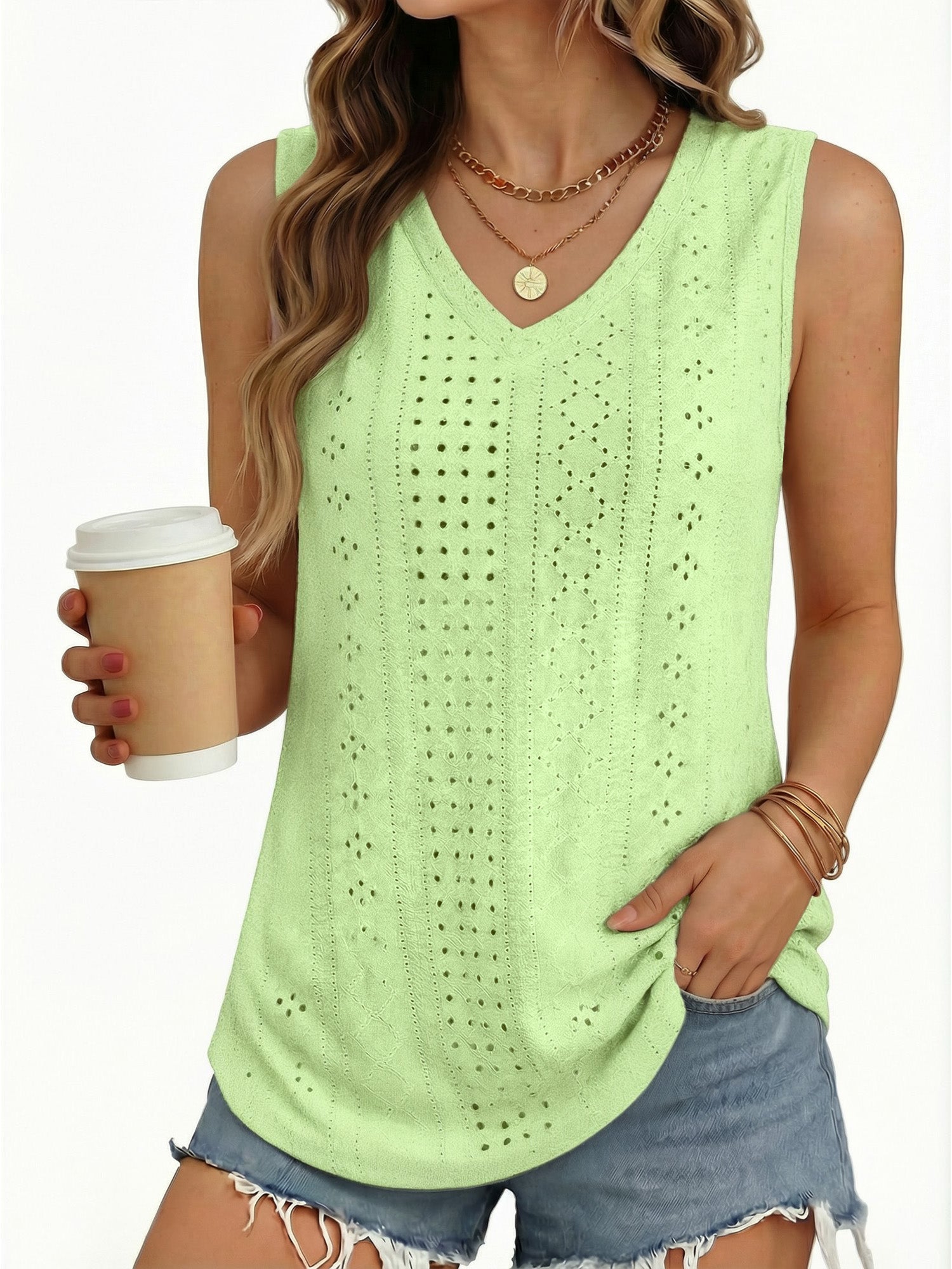 MOYIKO Tank Tops for Women Eyelet V Neck Trendy Sleeveless Tops Dressy Casual Flowy Summer Shirts Loose Fit