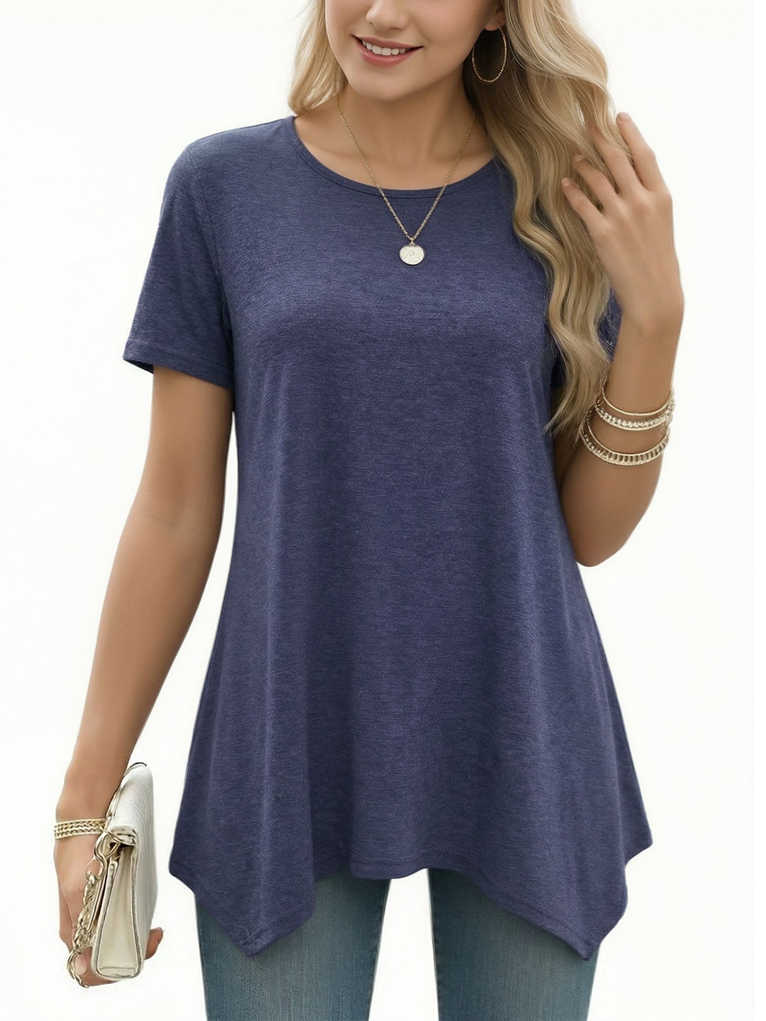 MOYIKO Women's Short Sleeve Swing T-Shirt Flowy Asymmetrical Hem Tee Loose Fit Casual Tops