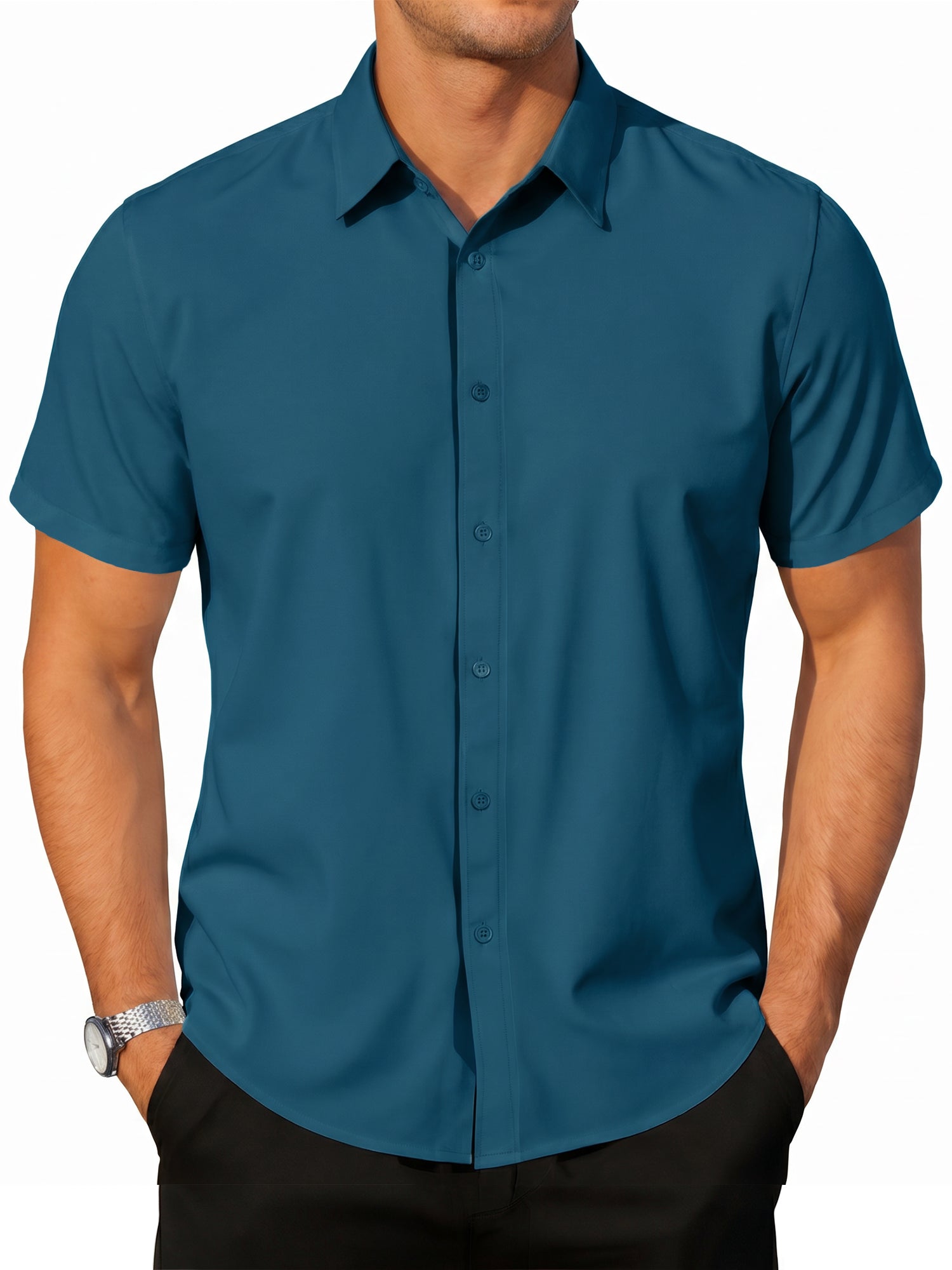 RICHCOIN Short Sleeve Mens Dress Shirts Casual Solid Shirts for Men Button Down Business Shirt