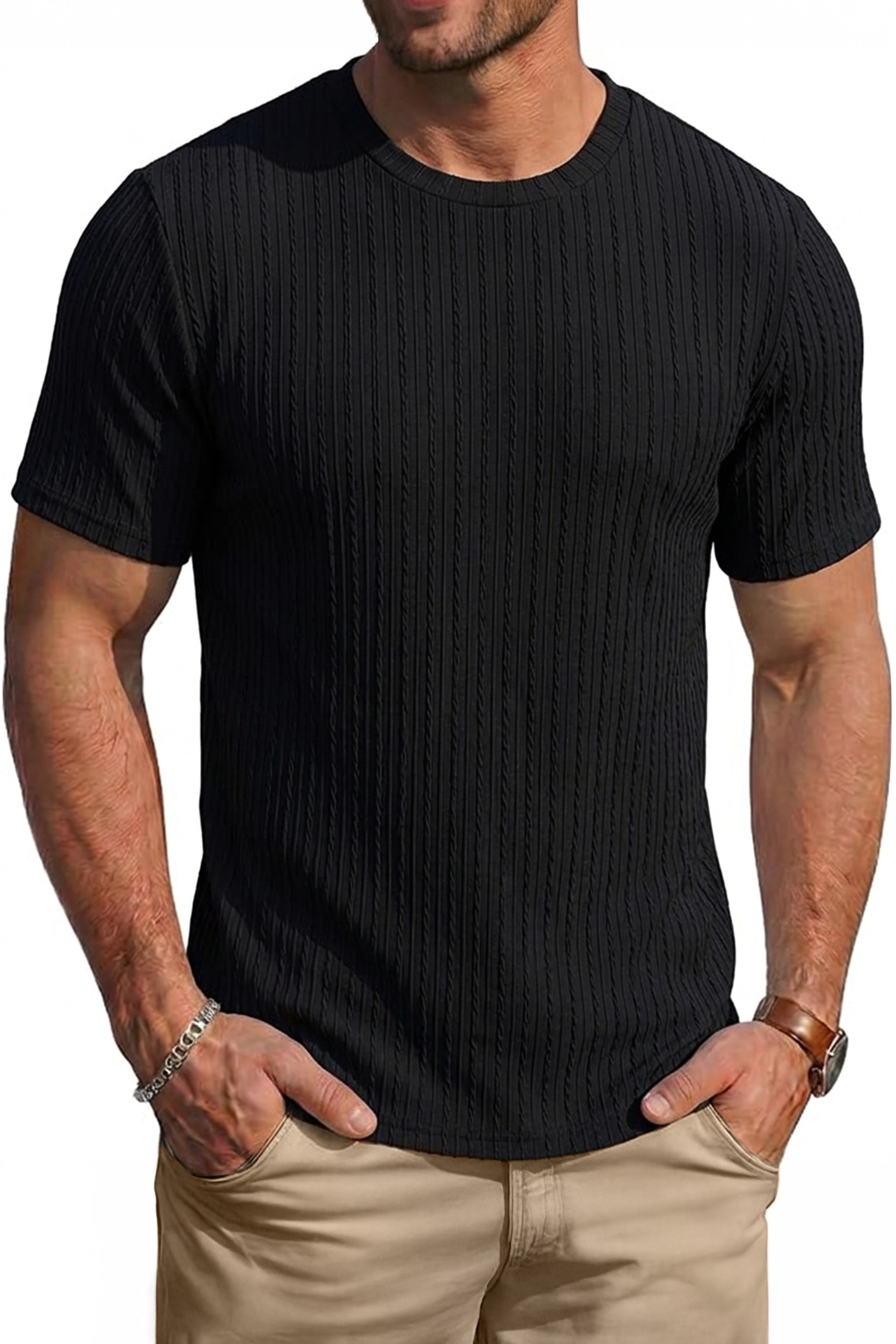 RICHCOIN Men's Ribbed Knit Crewneck T-Shirts Short Sleeve Textured Solid Casual Tee