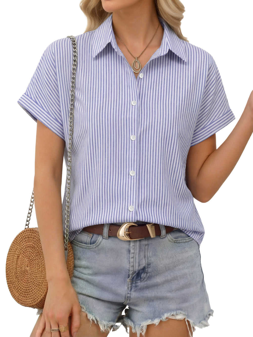 MOYIKO Short Sleeve Summer Tops for Women Casual Button Down Shirts Striped Business Work Blouses