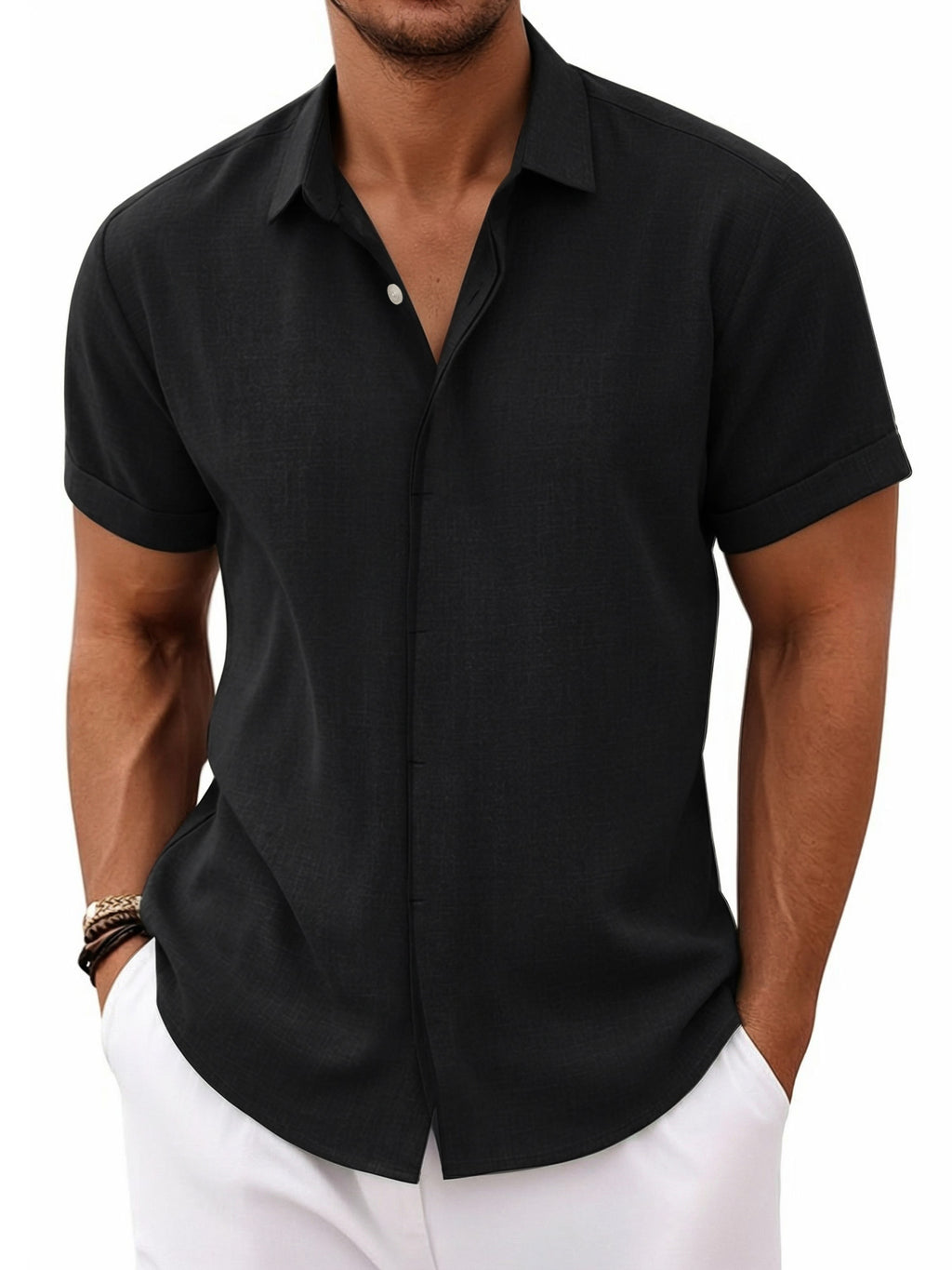 RICHCOIN Men's Linen Shirts Short Sleeve Casual Shirts Button Down Shirt for Men Summer Beach Wedding Dress Shirt