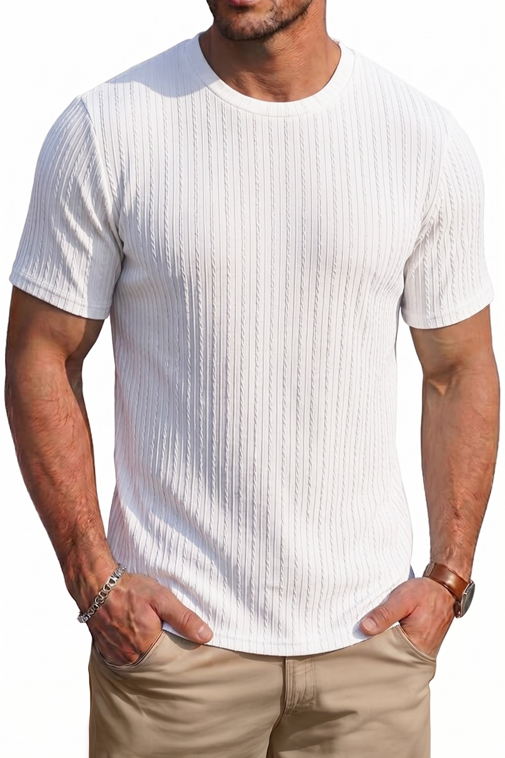 RICHCOIN Men's Ribbed Knit Crewneck T-Shirts Short Sleeve Textured Solid Casual Tee