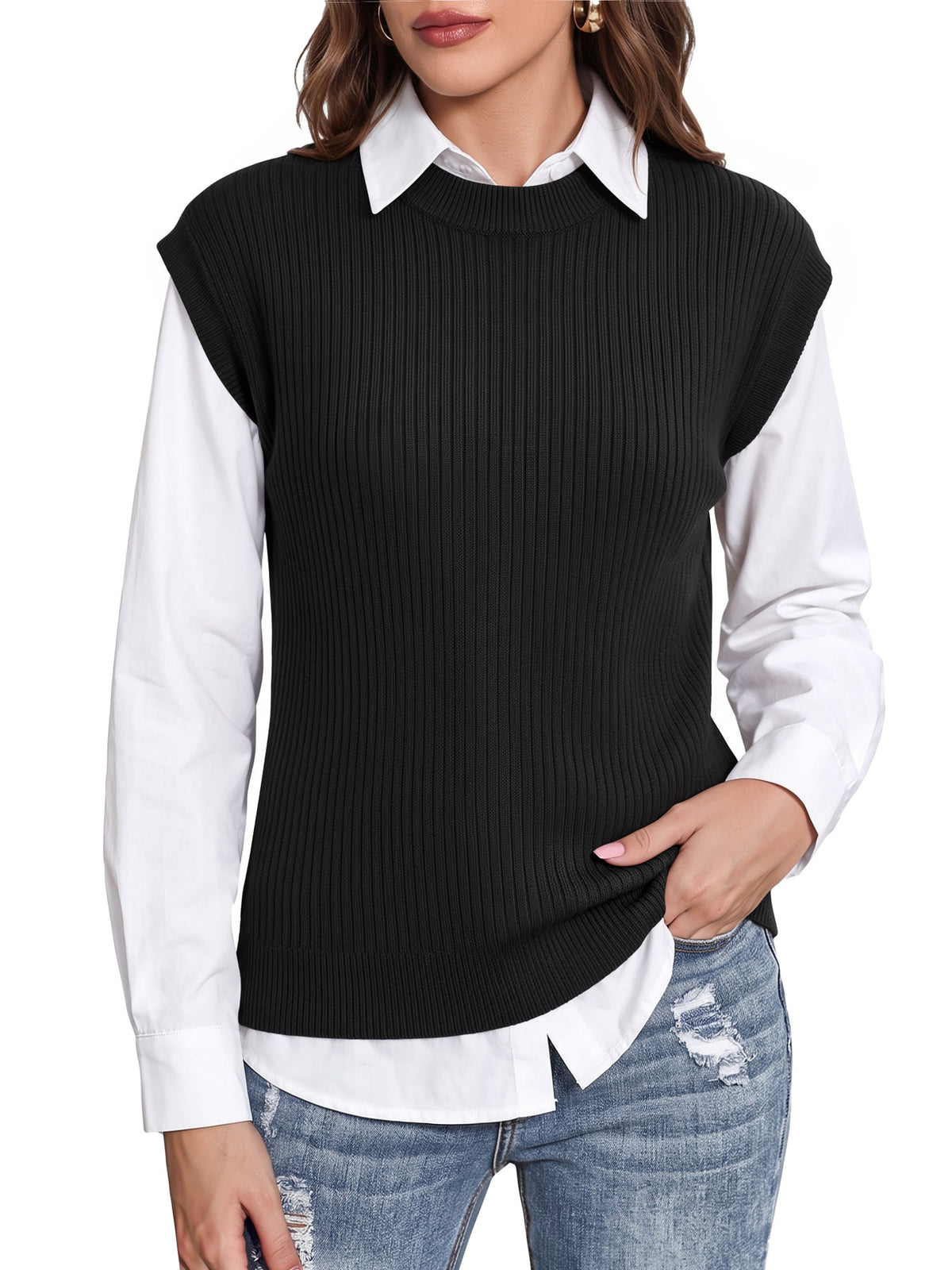 MOYIKO Sweater Vest Women Crew Neck Cap Sleeve Ribbed Knit Layering Tank Tops Side Slit Fall Winter Casual Going Out