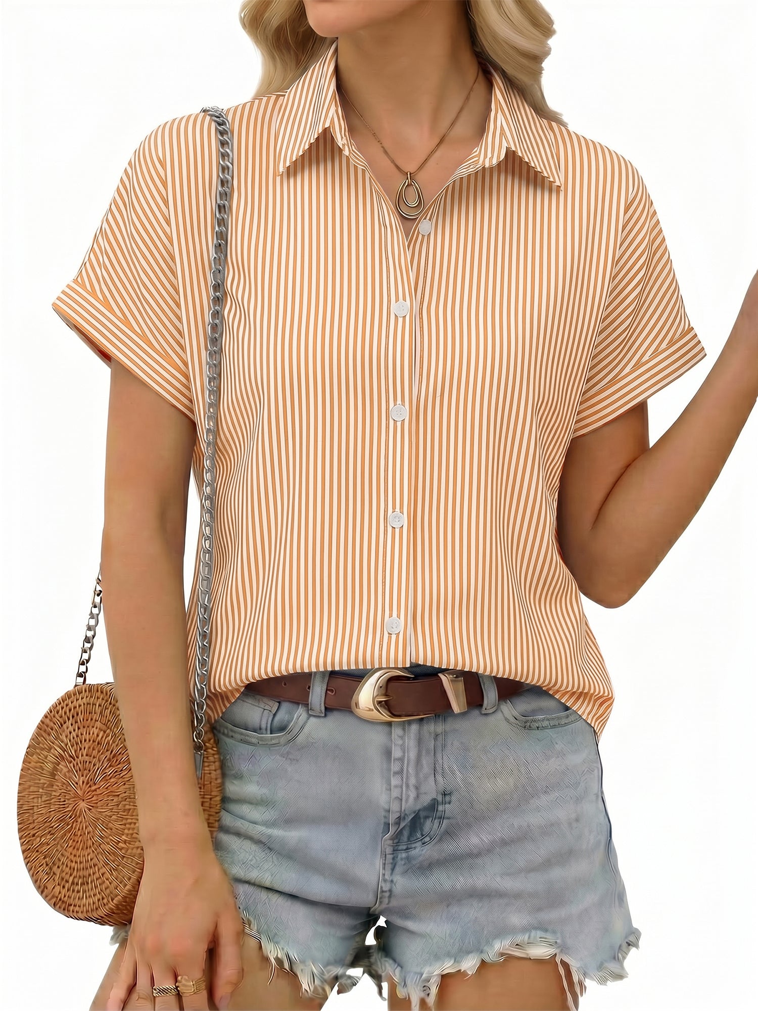 MOYIKO Short Sleeve Summer Tops for Women Casual Button Down Shirts Striped Business Work Blouses