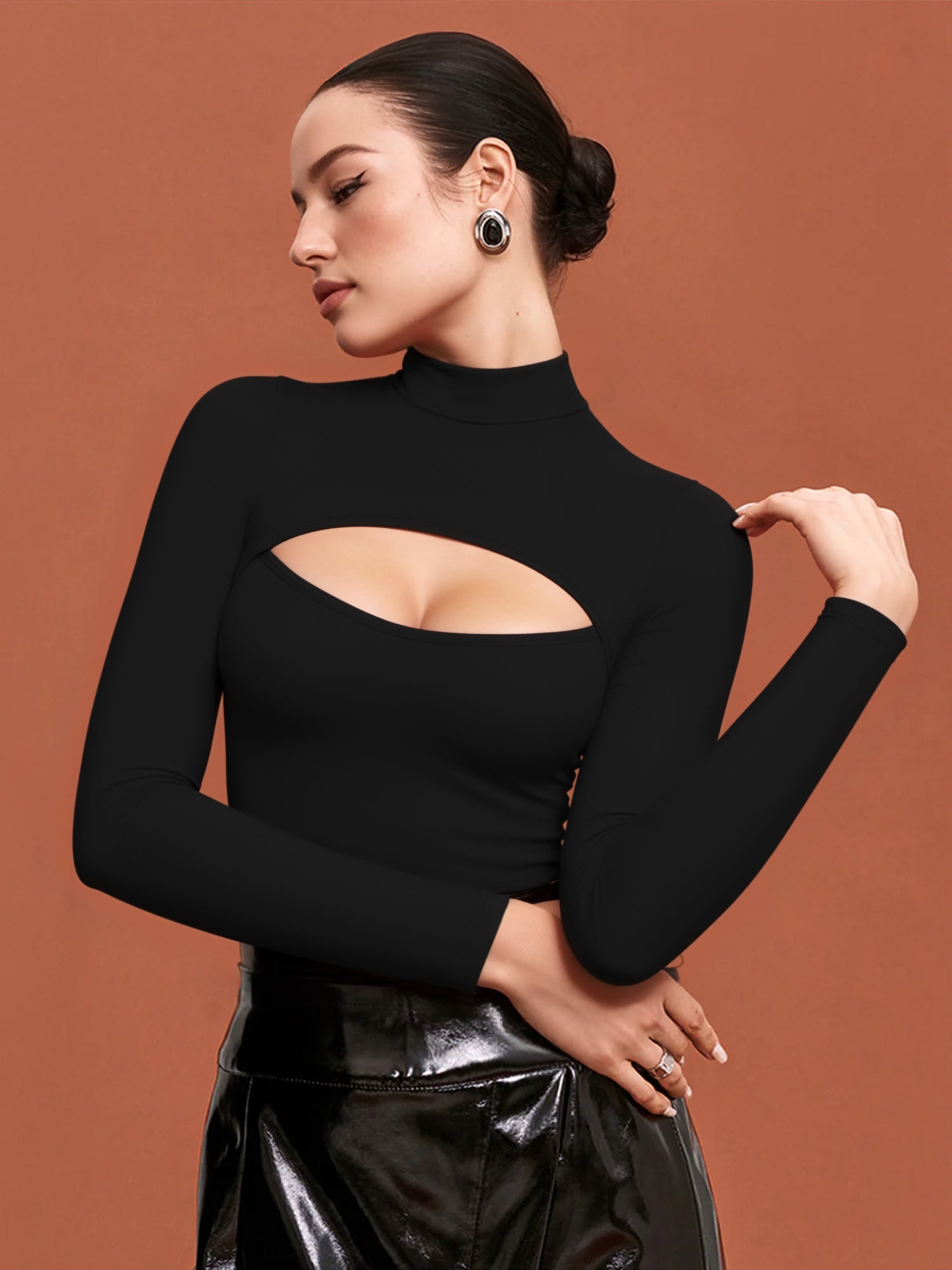 MOYIKO Mock Neck Cutout Front Tops Long Sleeve Body Suits for Womens Fitted Tight Tops