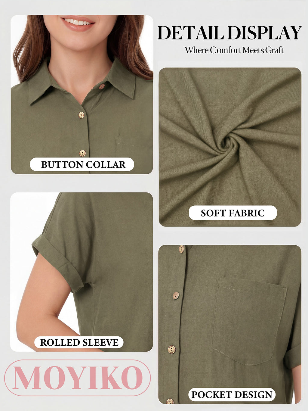 MOYIKO Womens Button Down Shirts Short Sleeve Shirt Collared Casual Work Blouses Summer Tops with Pockets