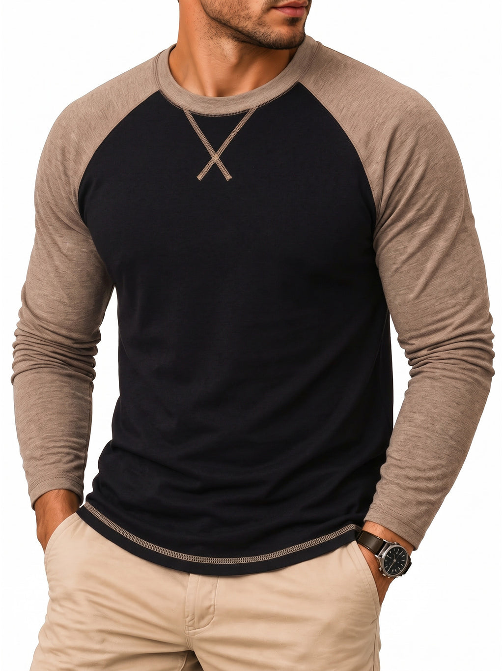 RICHCOIN Mens Raglan Long Sleeve Shirts Color Block Crew Neck Basic Casual T-Shirts
