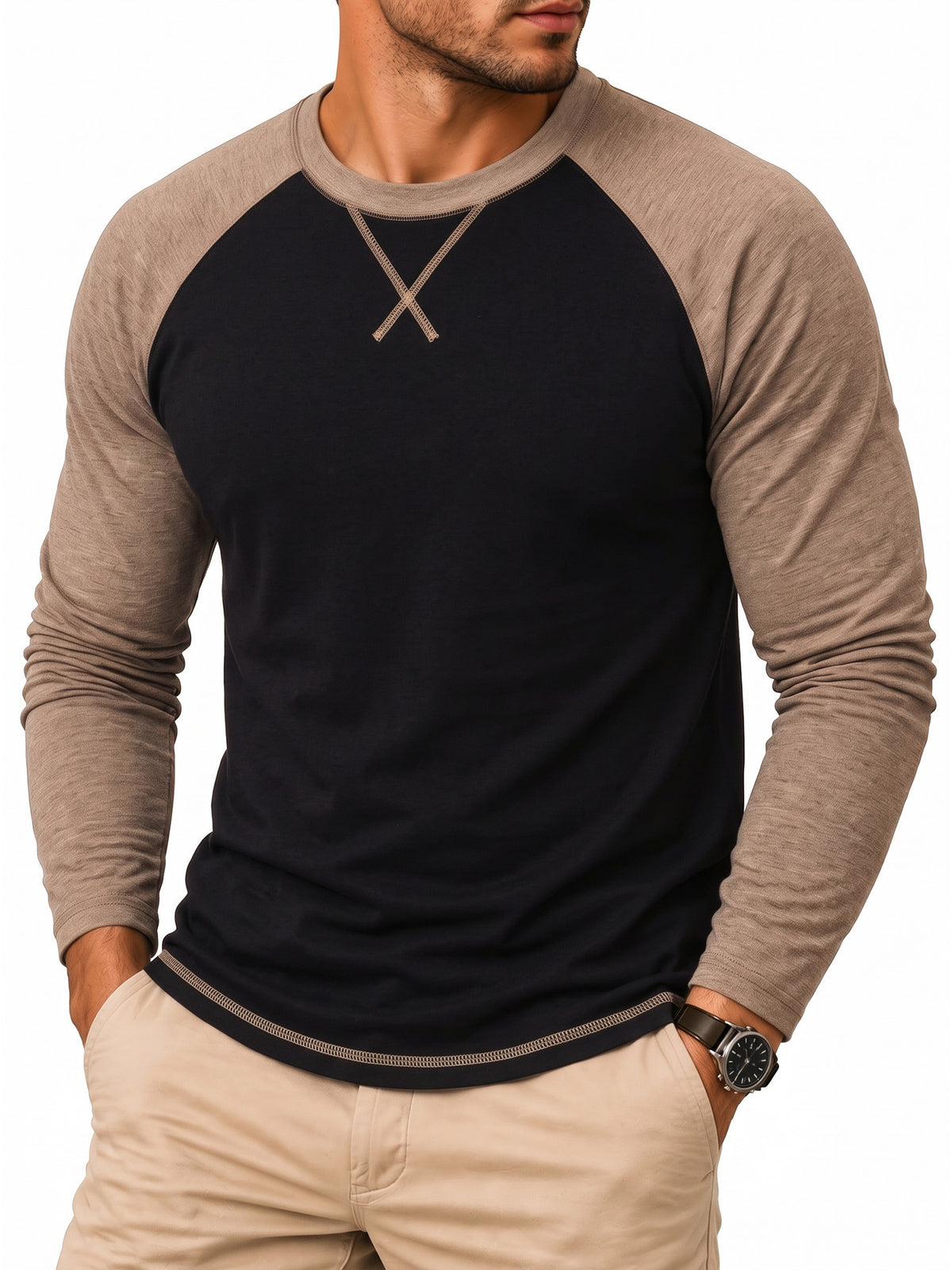 RICHCOIN Mens Raglan Long Sleeve Shirts Color Block Crew Neck Basic Casual T-Shirts