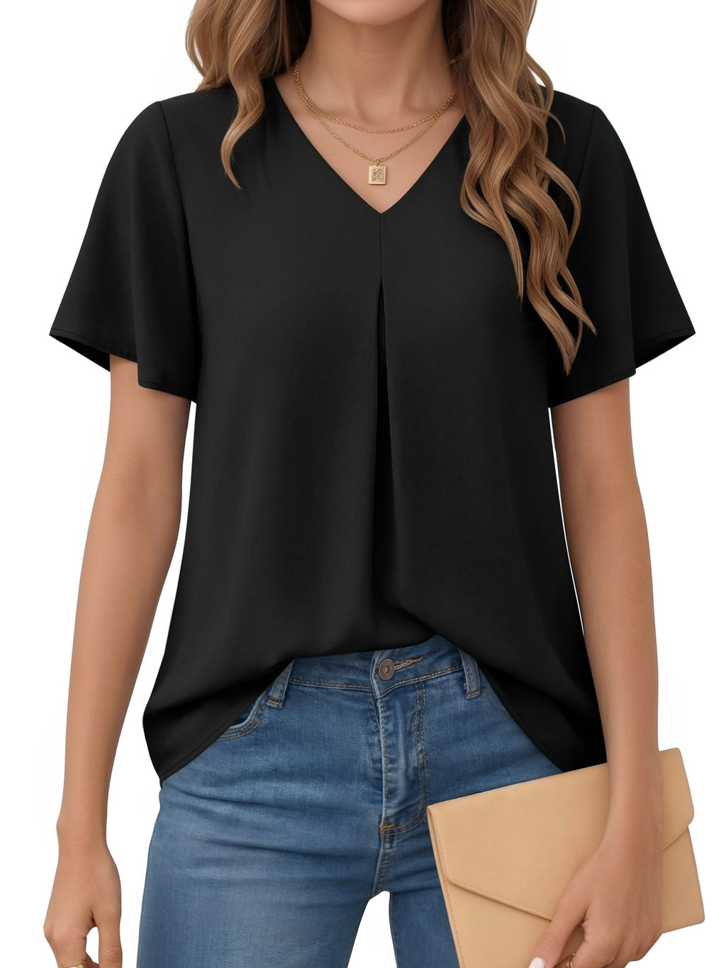 MOYIKO Womens Tops Dressy Blouses V Neck Ruffle Short Sleeve Tunic Tops Casual T-Shirts