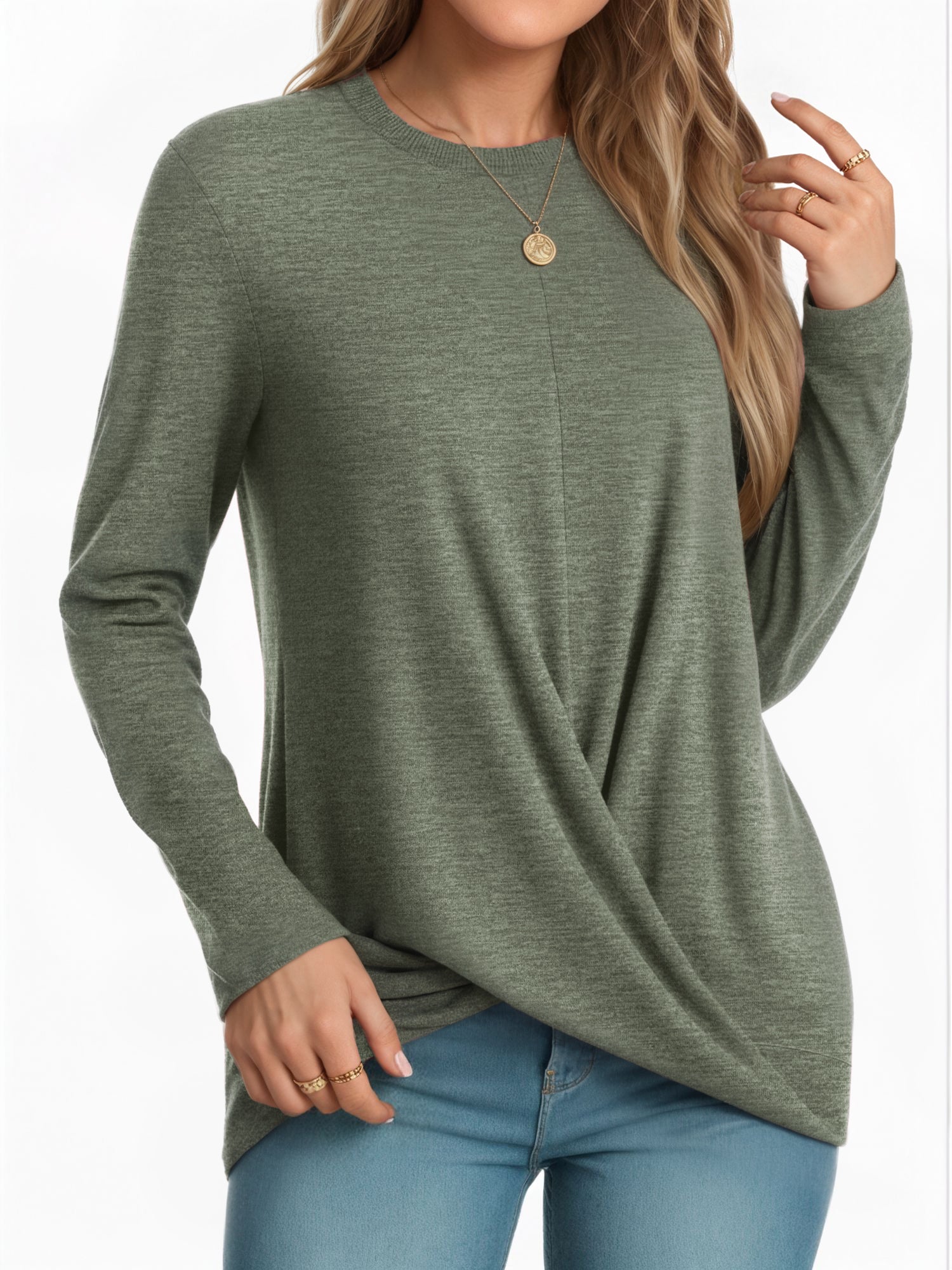 OALUXE Long Sleeve Shirts for Women Dressy Casual Tunic Tops Crewneck Front Twist Blouses
