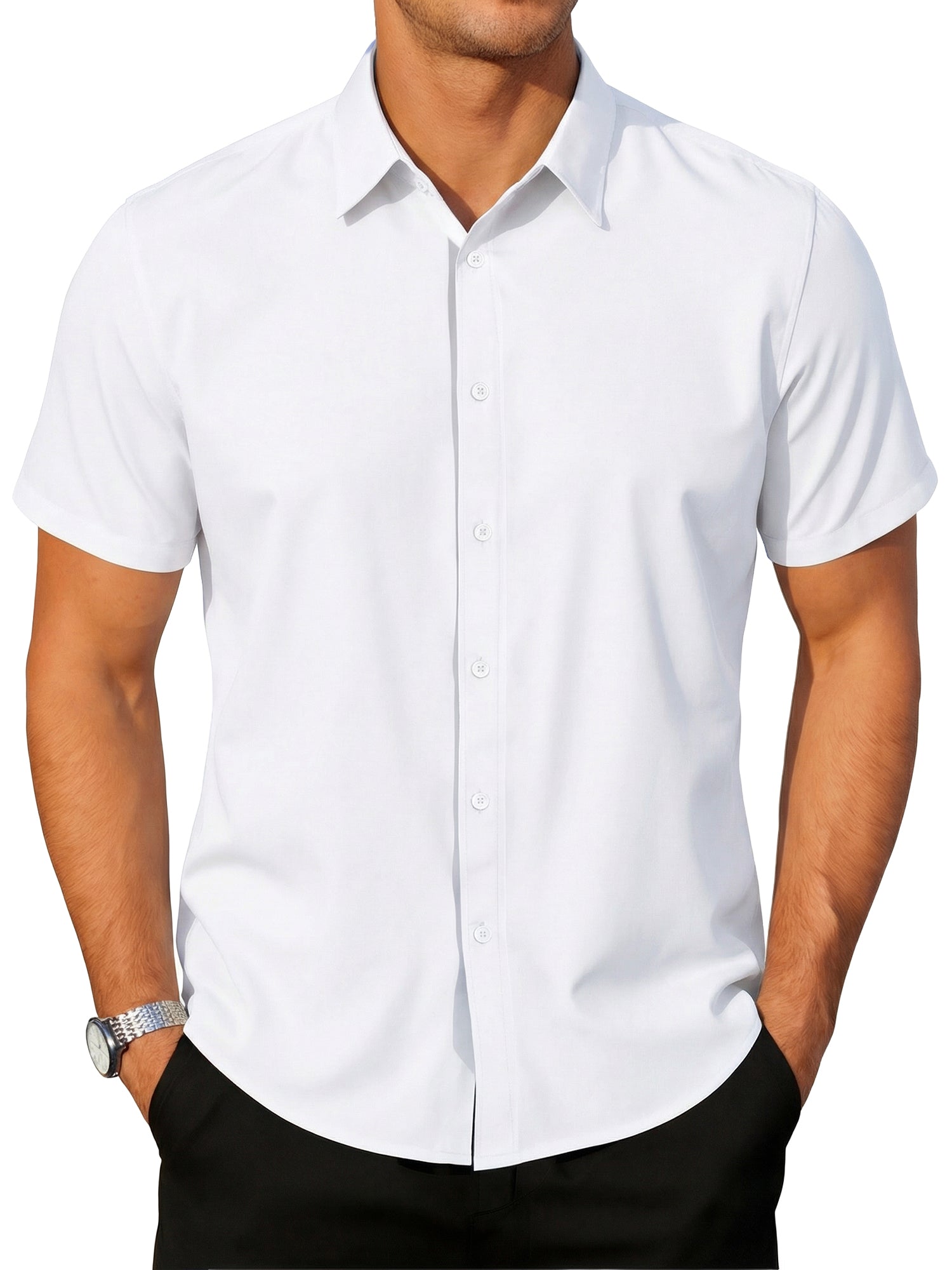 RICHCOIN Short Sleeve Mens Dress Shirts Casual Solid Shirts for Men Button Down Business Shirt
