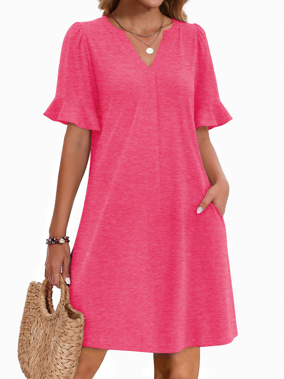 MOYIKO Summer Dresses for Women V Neck Sundress Short Ruffle Sleeve Shift Dress Casual Beach Dress with Pockets Clothes
