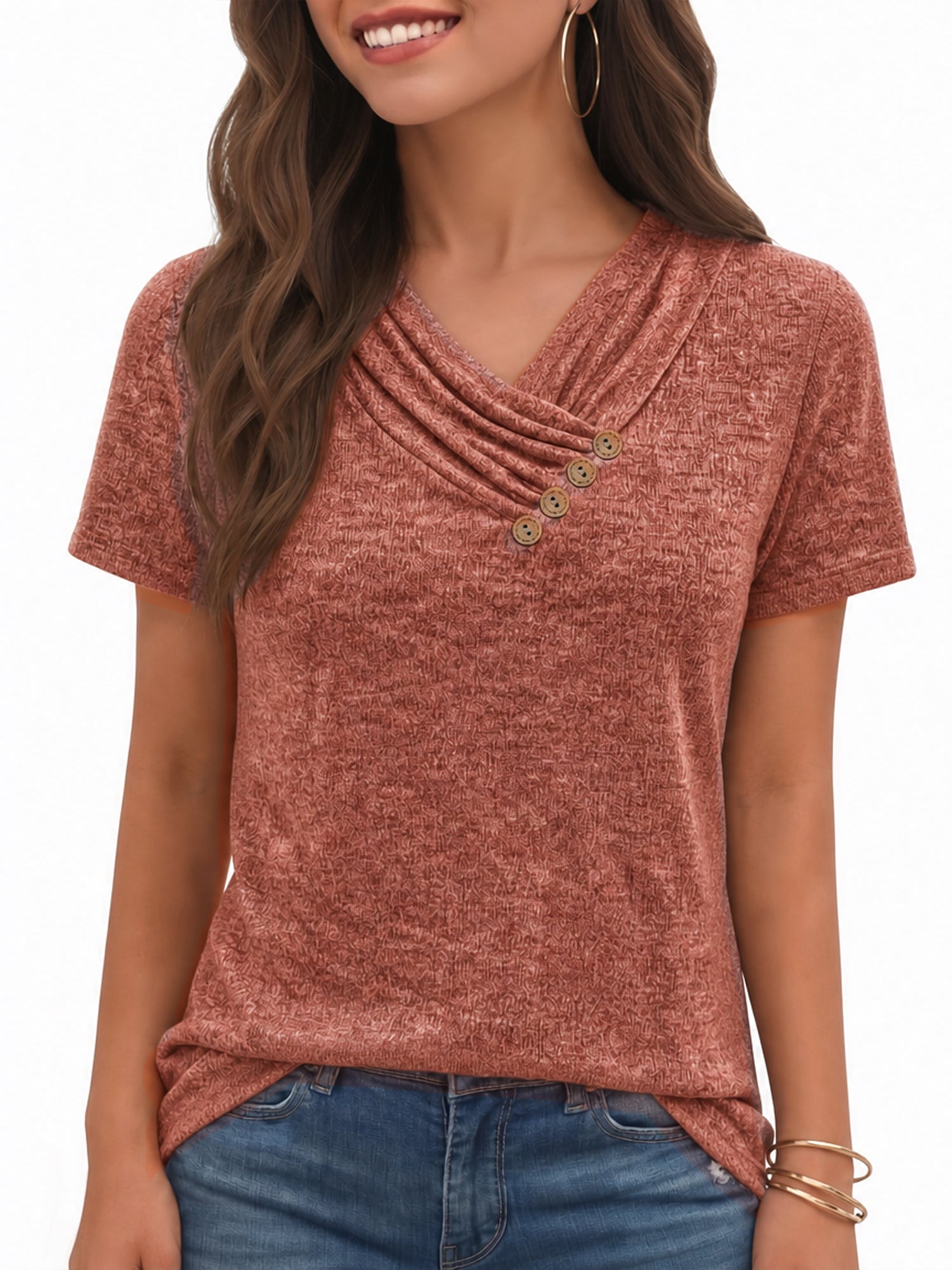 MOYIKO Blouses for Women Summer Short Sleeve Tunic Top V Neck Button Dressy Casual Business Shirts