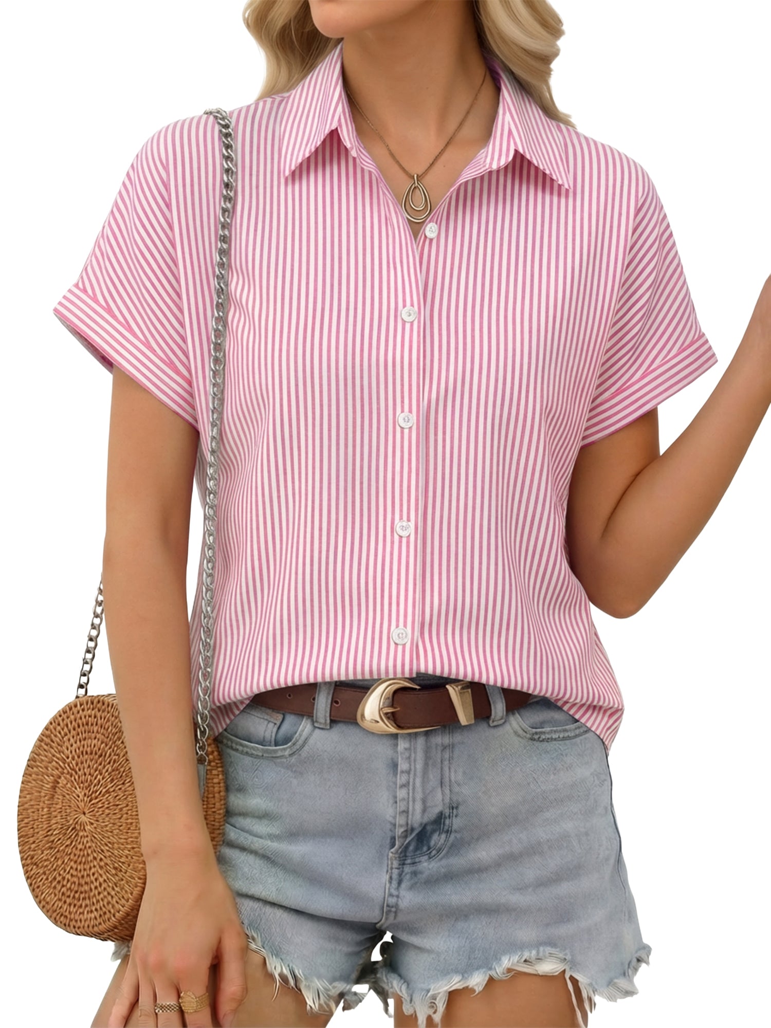 MOYIKO Short Sleeve Summer Tops for Women Casual Button Down Shirts Striped Business Work Blouses