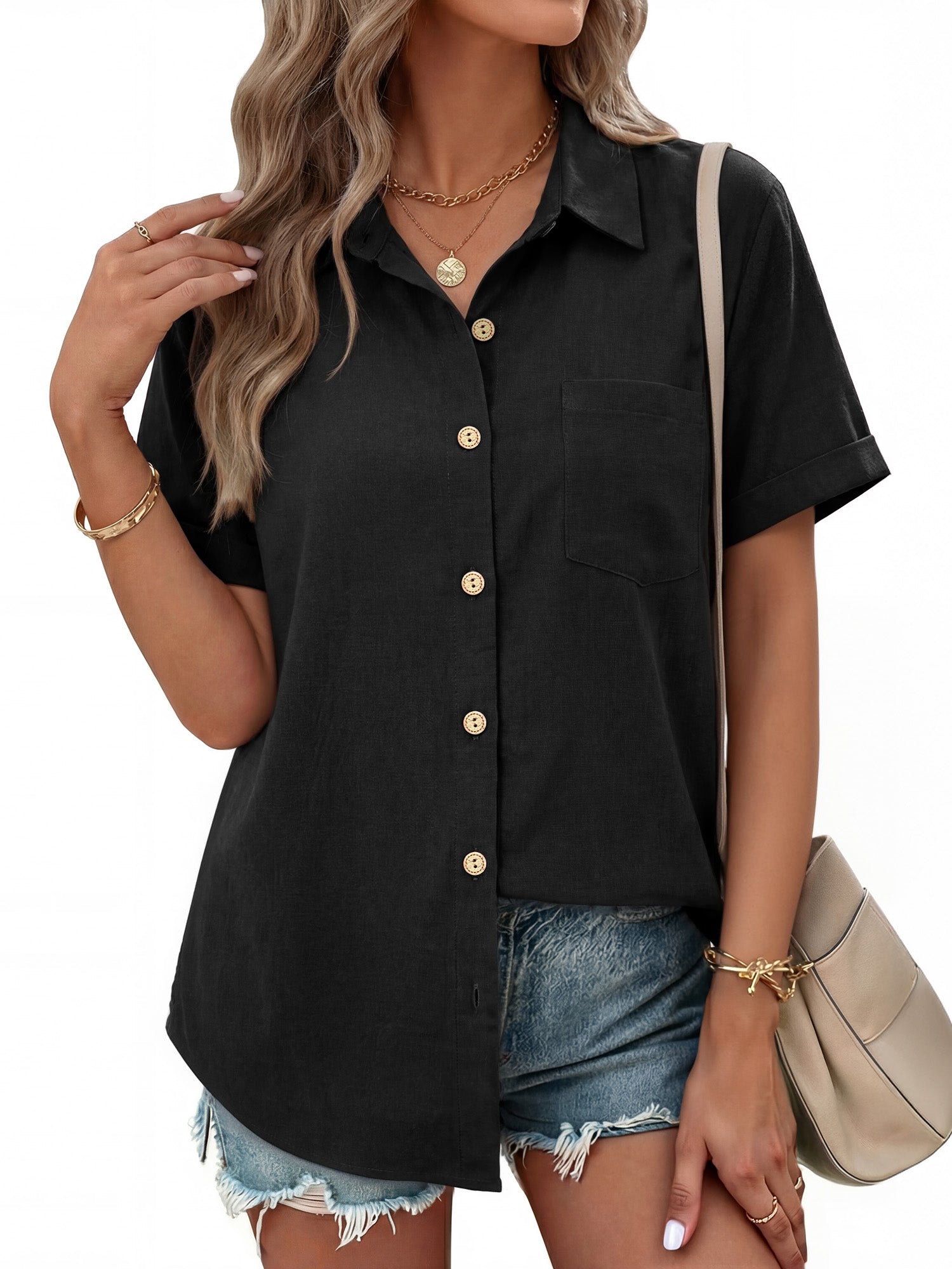 MOYIKO Womens Button Down Shirts Short Sleeve Shirt Collared Casual Work Blouses Summer Tops with Pockets