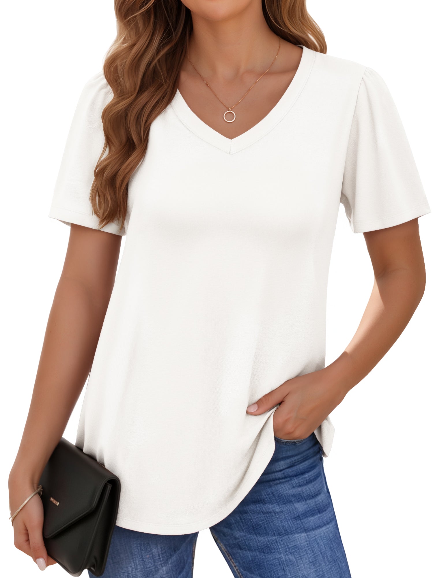 MOYIKO Womens Short Puff Sleeve T Shirts V Neck Summer Tops Trendy Dressy Casual Loose Fit Tees