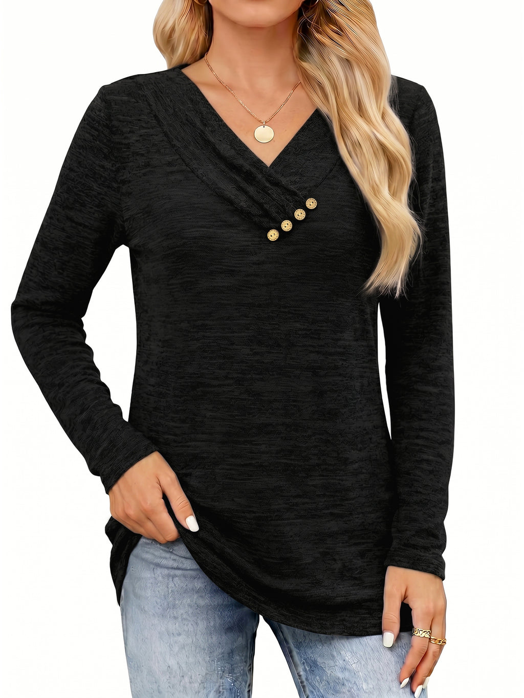 MOYIKO V Neck Blouses for Women Button Long Sleeve Tunic Dressy Casual Work Shirts Trendy Fall Winter Tops