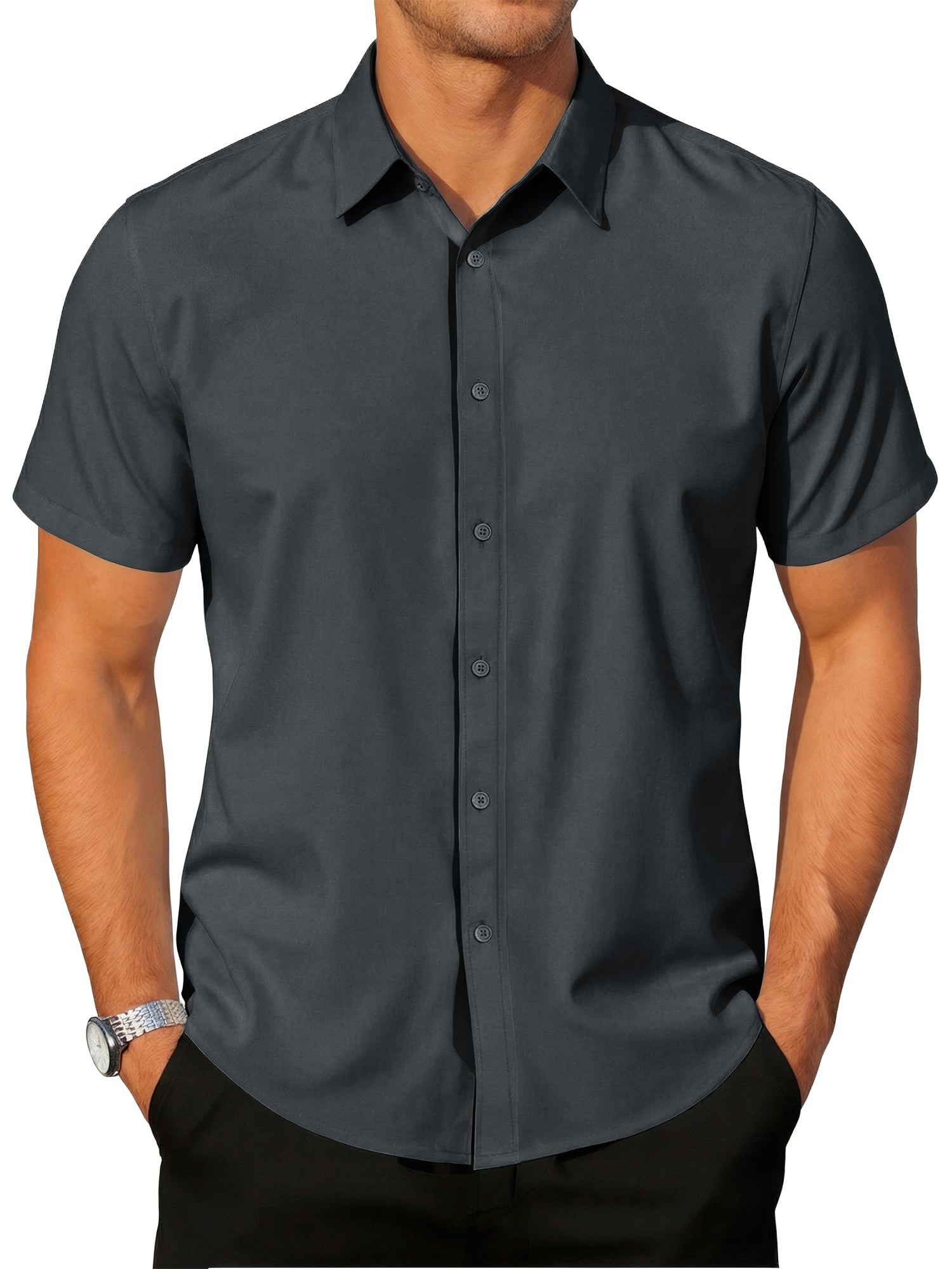 RICHCOIN Short Sleeve Mens Dress Shirts Casual Solid Shirts for Men Button Down Business Shirt