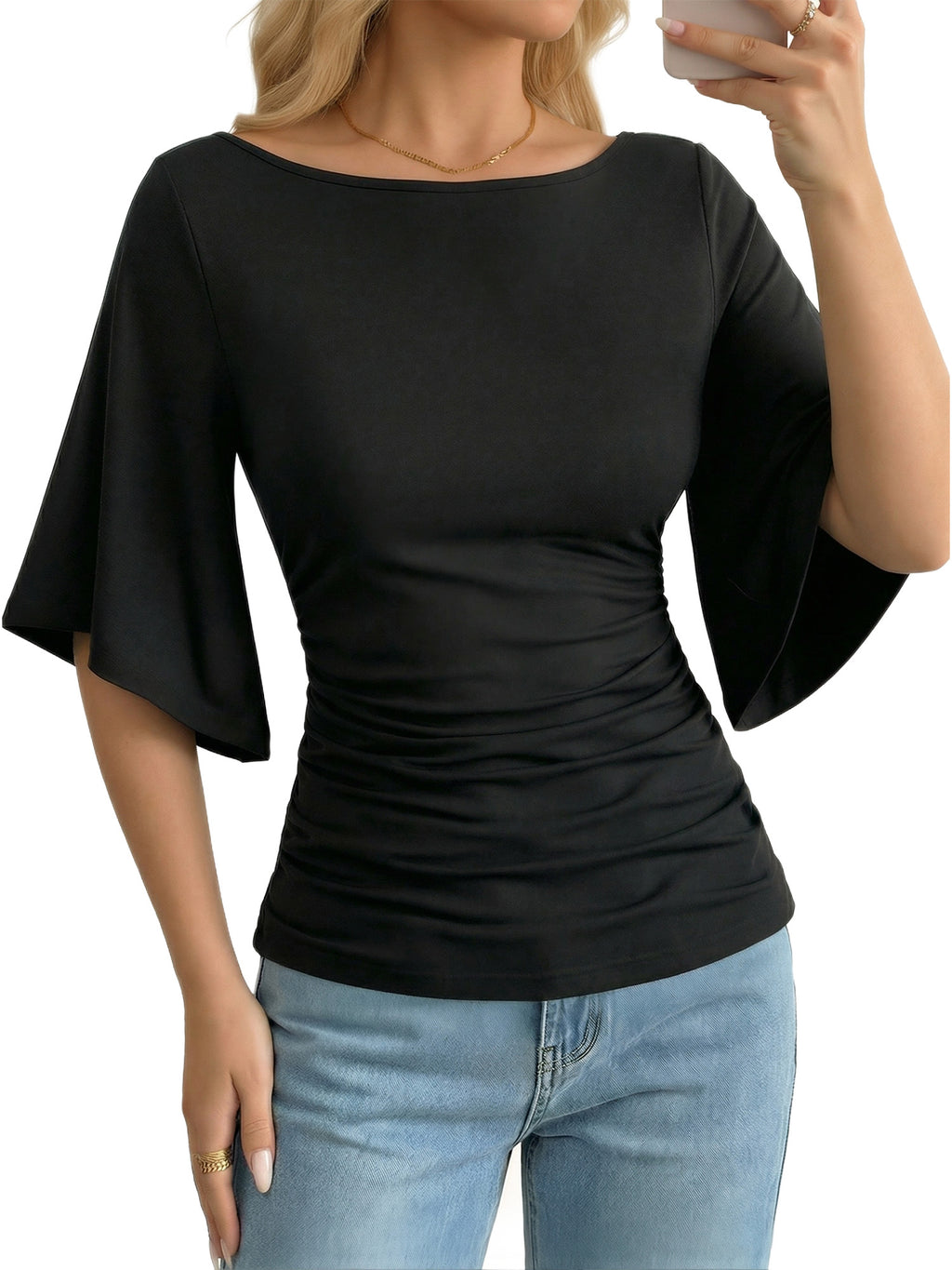 MOYIKO T Shirts for Women Boat Neck 3/4 Flare Sleeve Ruched Fitted Shirts