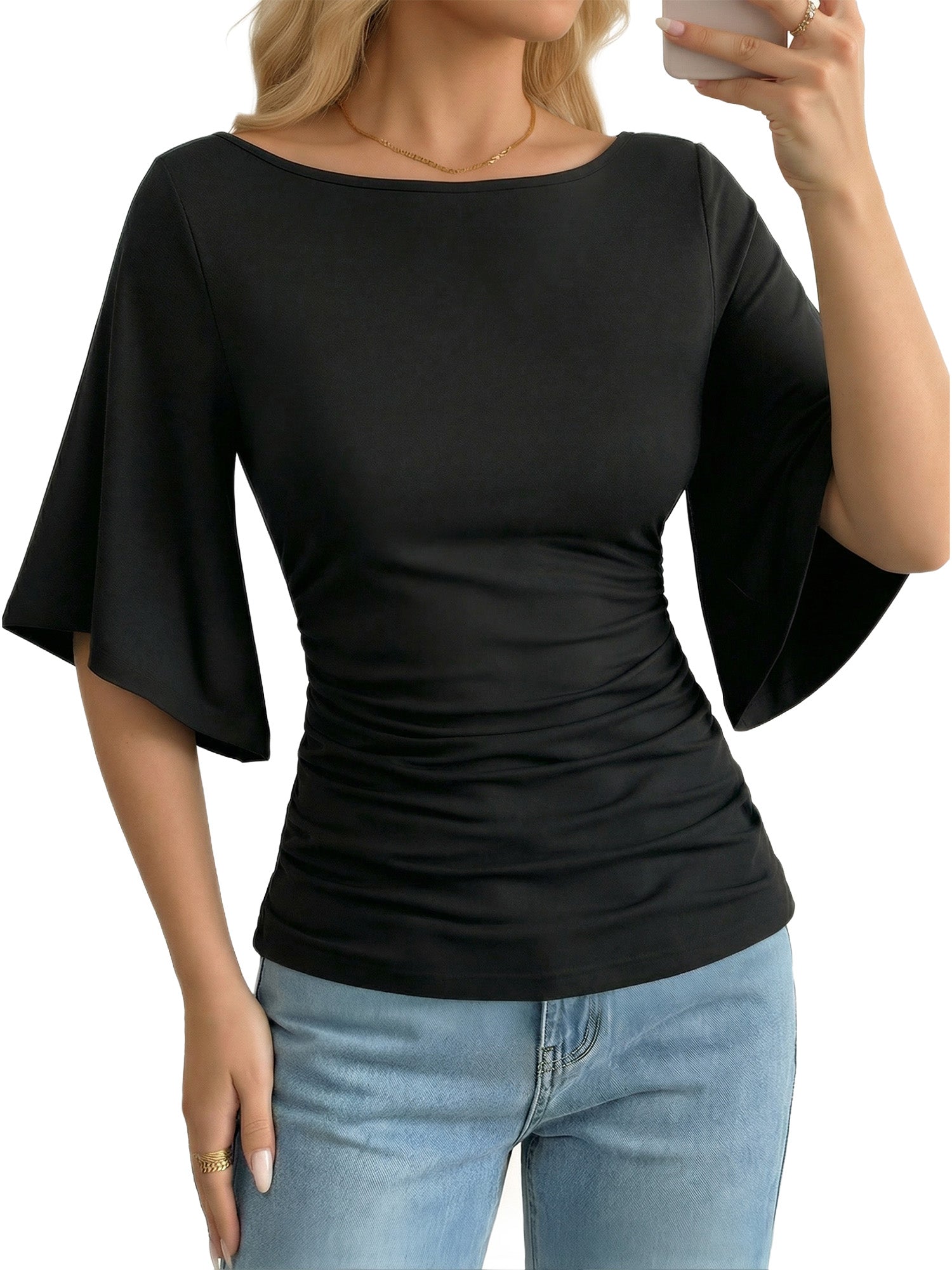 MOYIKO T Shirts for Women Boat Neck 3/4 Flare Sleeve Ruched Fitted Shirts