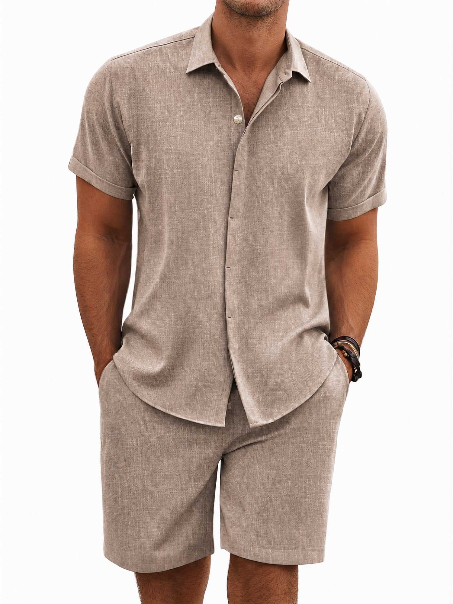 RICHCOIN Mens 2 Piece Outfit Summer Beach Short Sleeve Button Down Shirts and Shorts Vacation Linen Sets for Men