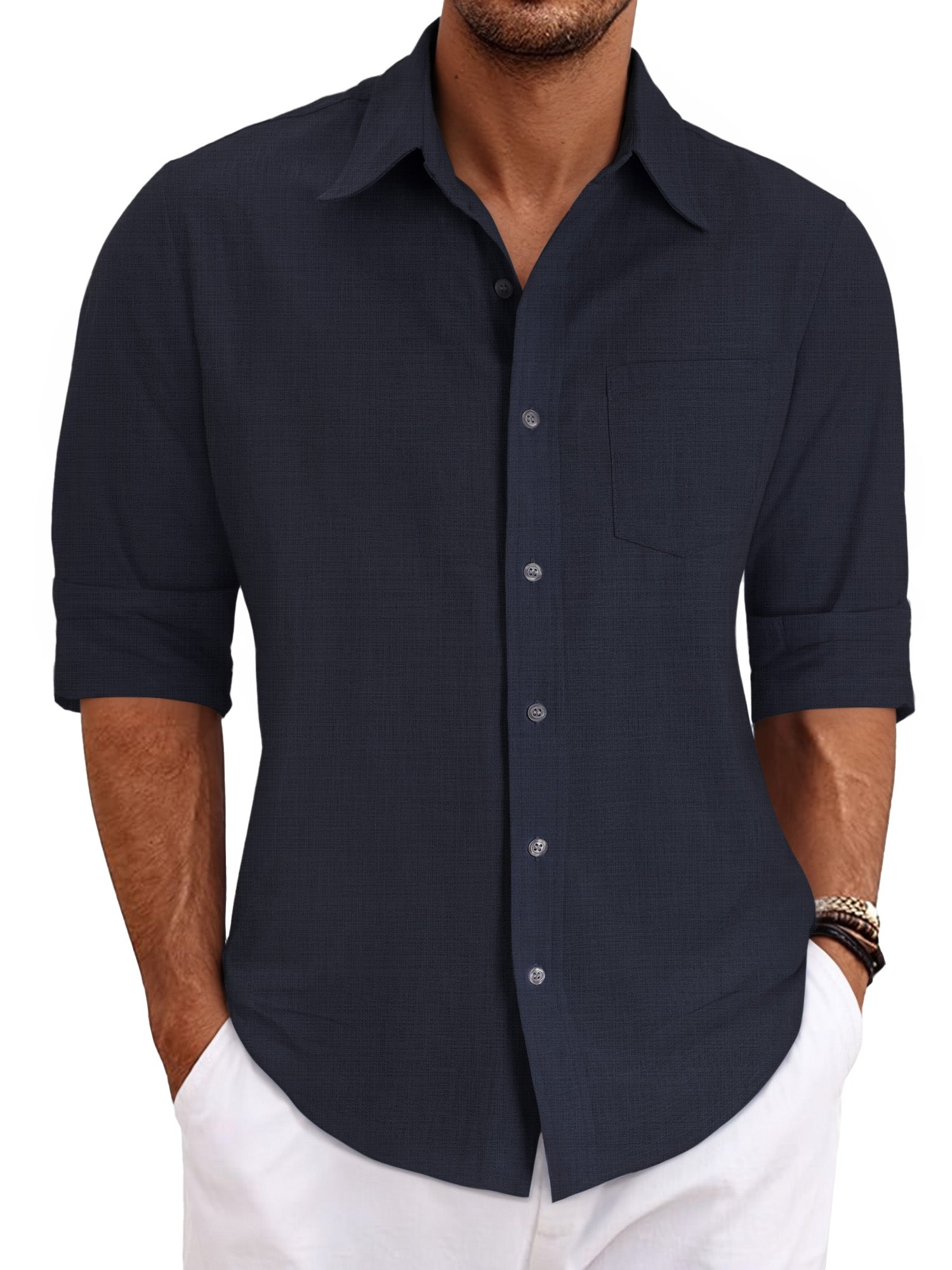OALUXE Linen Button Down Shirts For Men Casual Long Sleeve Lightweight Dress Shirts With Pocket