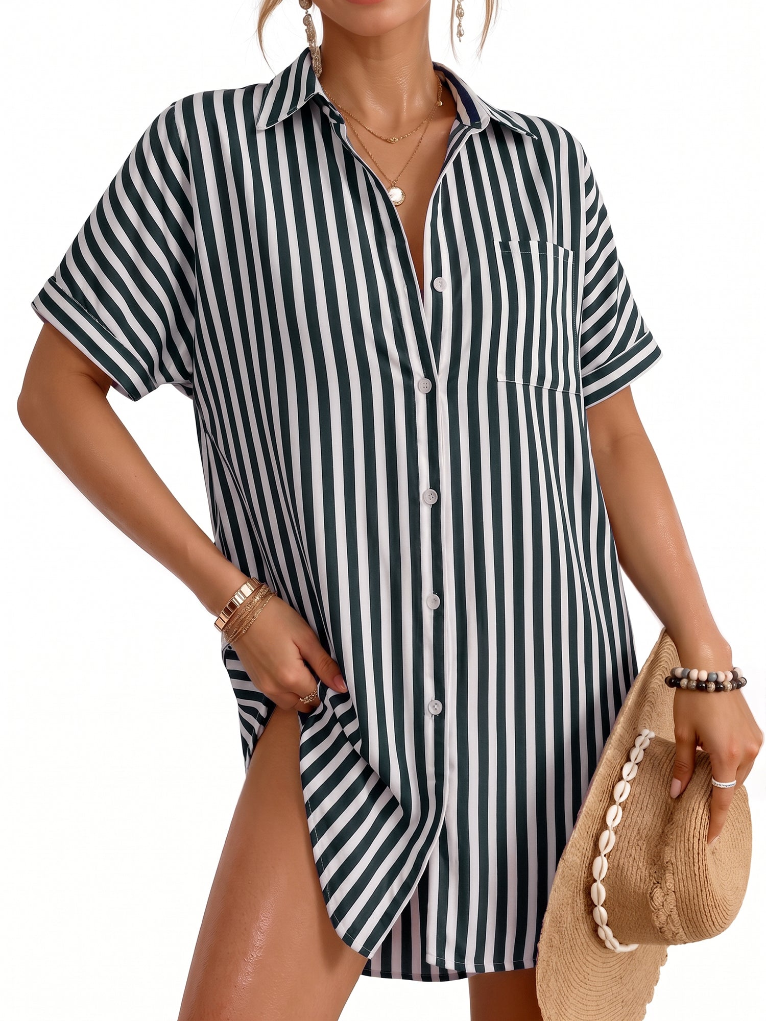 MOYIKO Swimsuit Coverup for Women Striped Bathing Suit Cover Up Button Down Shirt Beach Cover Ups Summer Outfits