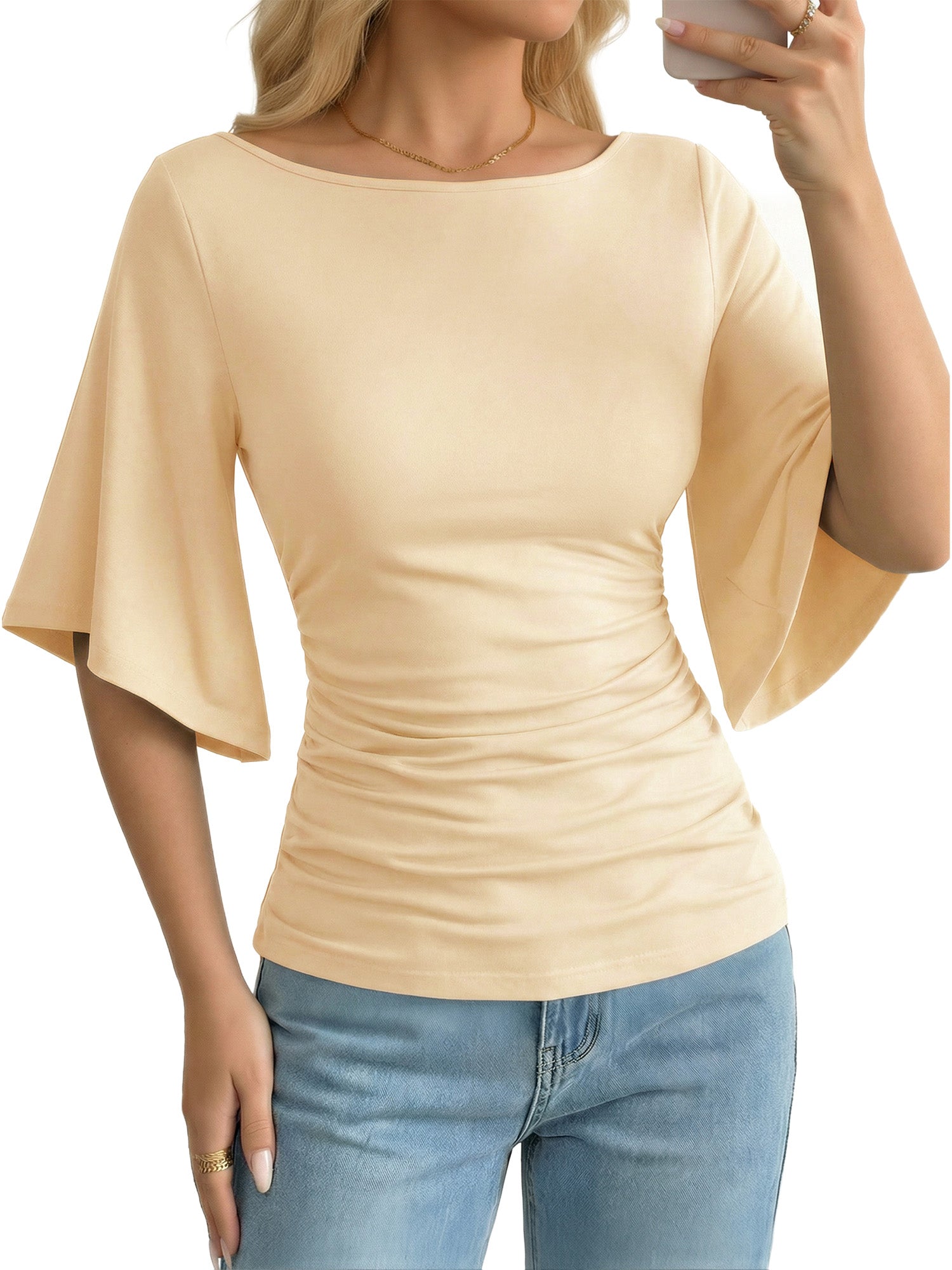 MOYIKO T Shirts for Women Boat Neck 3/4 Flare Sleeve Ruched Fitted Shirts