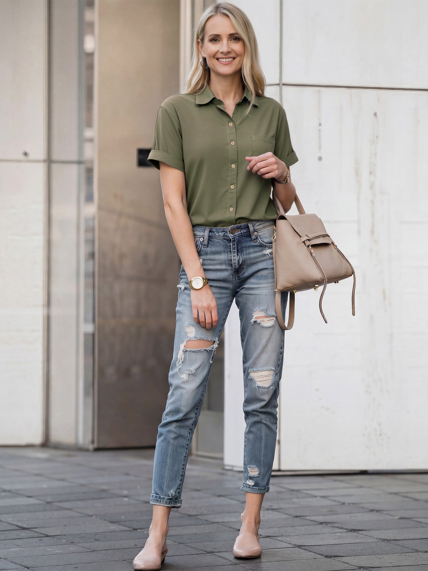 MOYIKO Womens Button Down Shirts Short Sleeve Shirt Collared Casual Work Blouses Summer Tops with Pockets