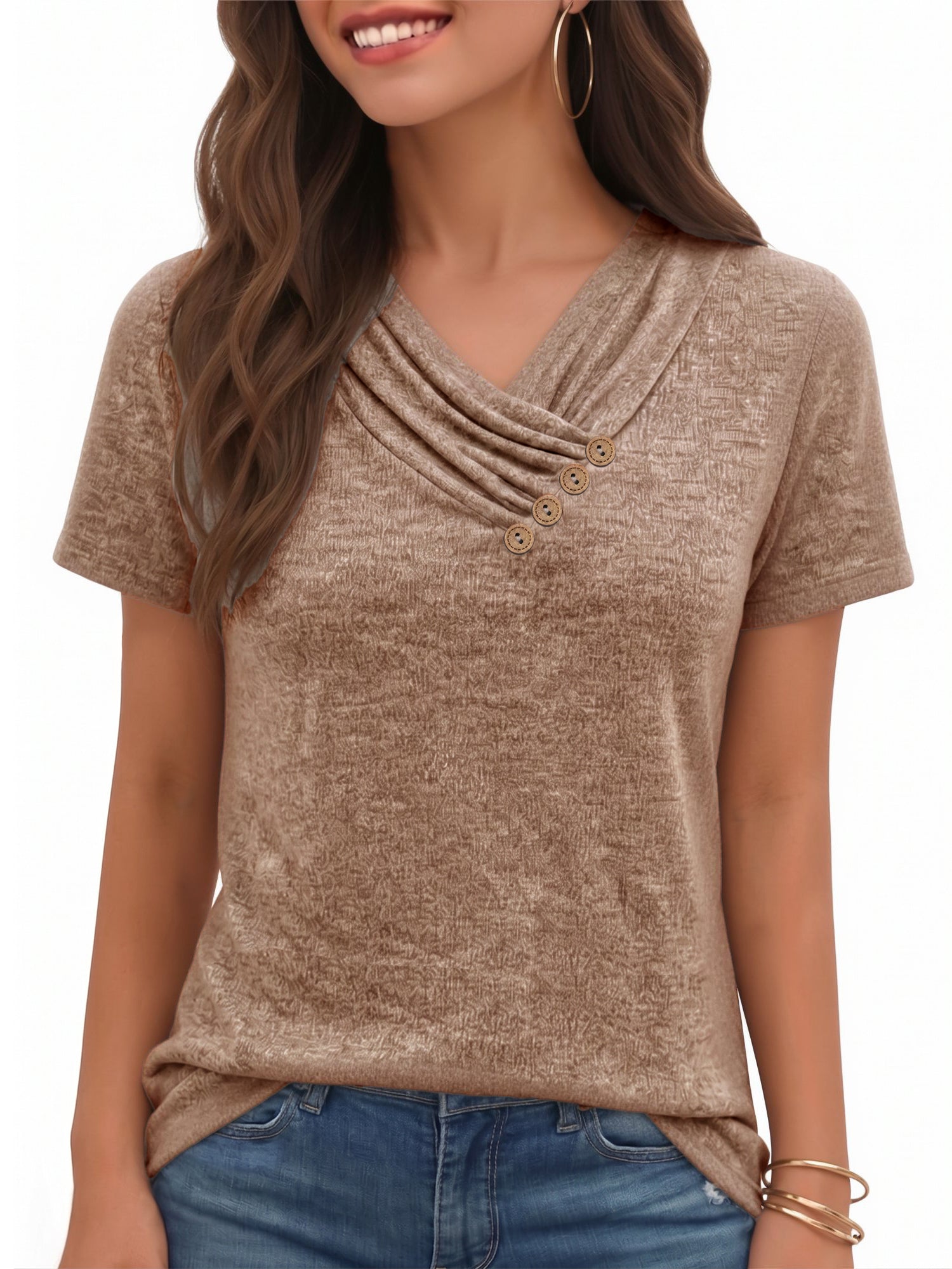 MOYIKO Blouses for Women Summer Short Sleeve Tunic Top V Neck Button Dressy Casual Business Shirts