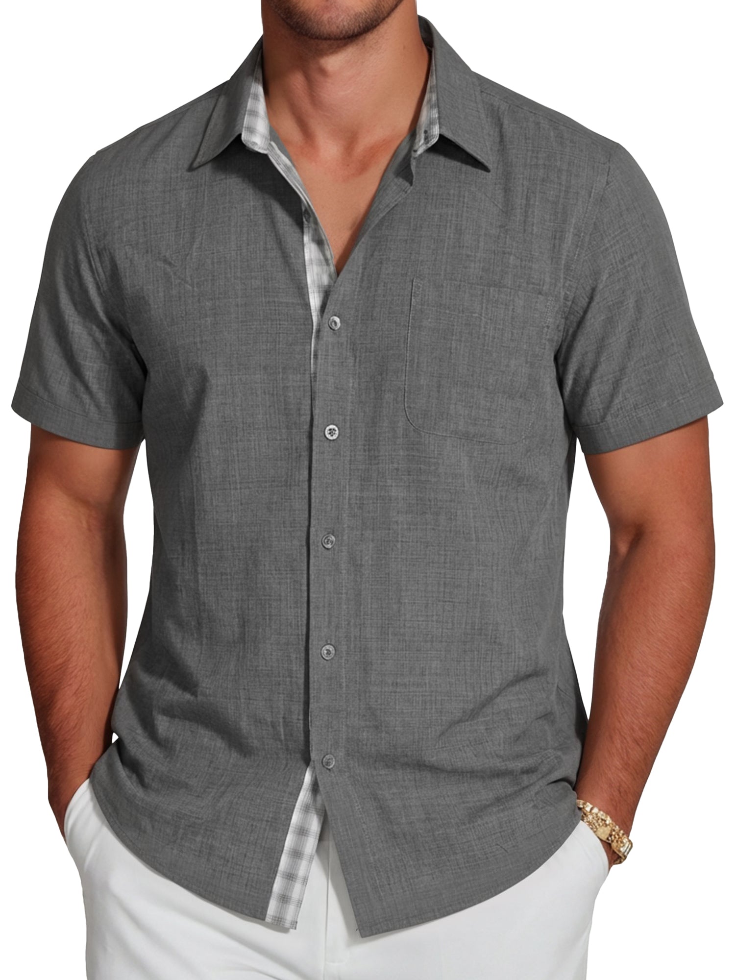 RICHCOIN Men's Button Down Shirts Short Sleeve Casual Summer Beach Vacation Wedding Shirt with Pocket