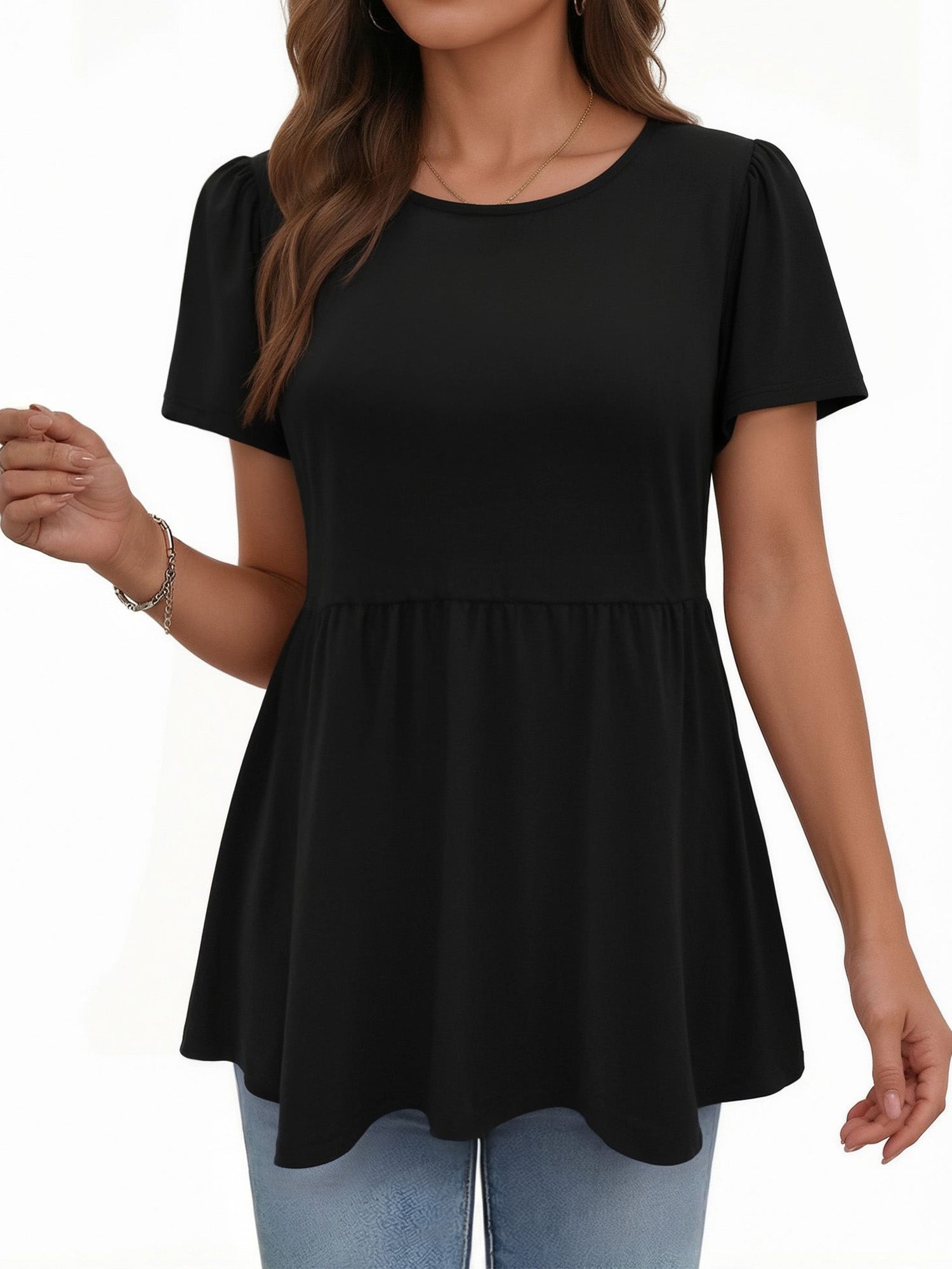 MOYIKO Womens T Shirts Short Sleeve Summer Tops Babydoll Puff Peplum Round Neck Tunic Dressy Casual