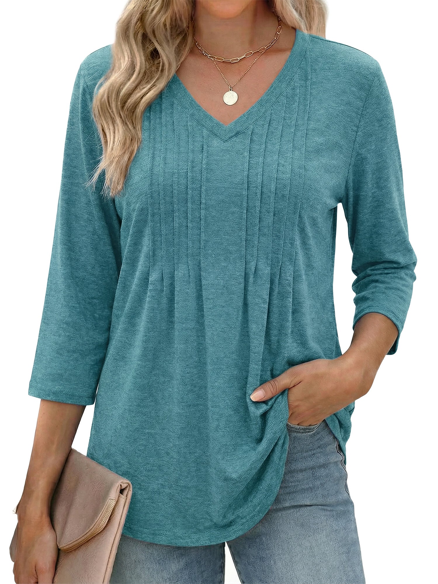 MOYIKO 3/4 Length Sleeve Womens Tops V Neck Pleated Blouses Dressy Casual Tunic Spring Summer Shirts