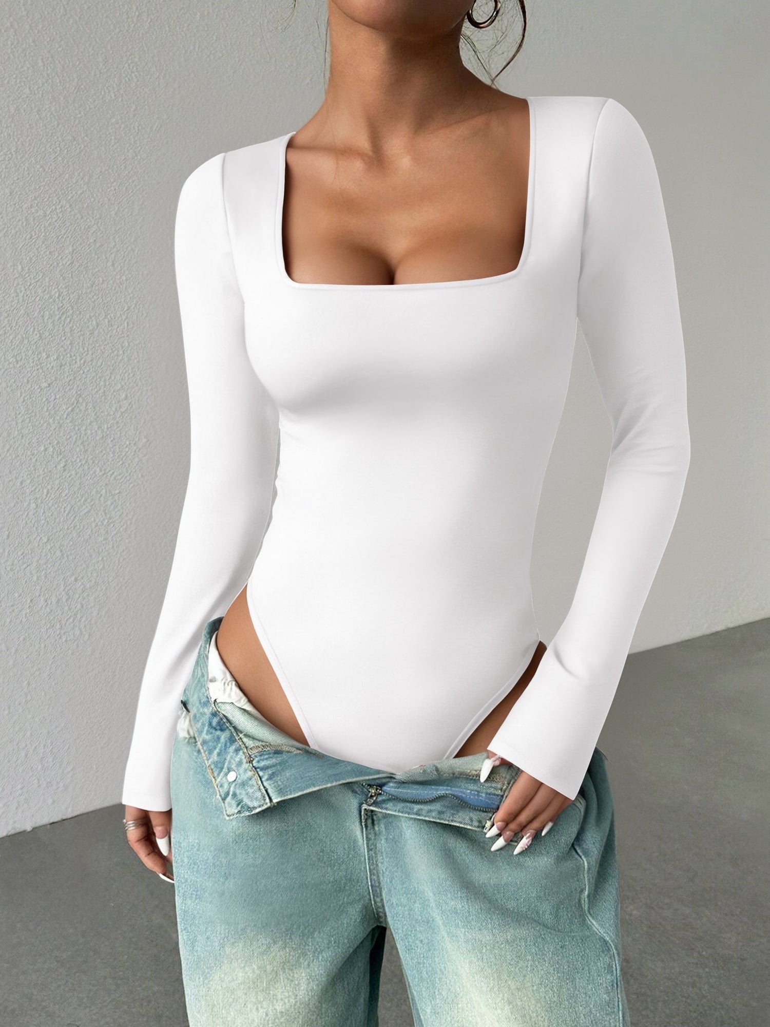 MOYIKO Square Neck Tops for Women Long Sleeve Body Suits Womens Fitted Tight Tops