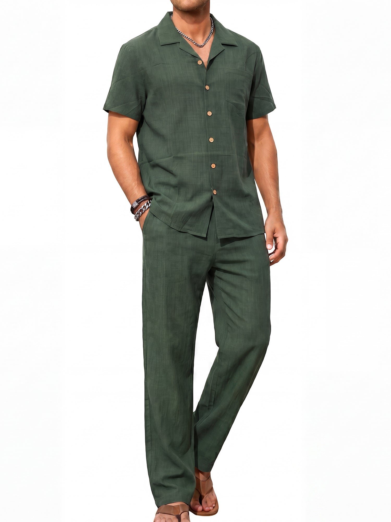 RICHCOIN Men 2 Piece Linen Outfit Beach Button Down Shirt Casual Loose Pant Sets