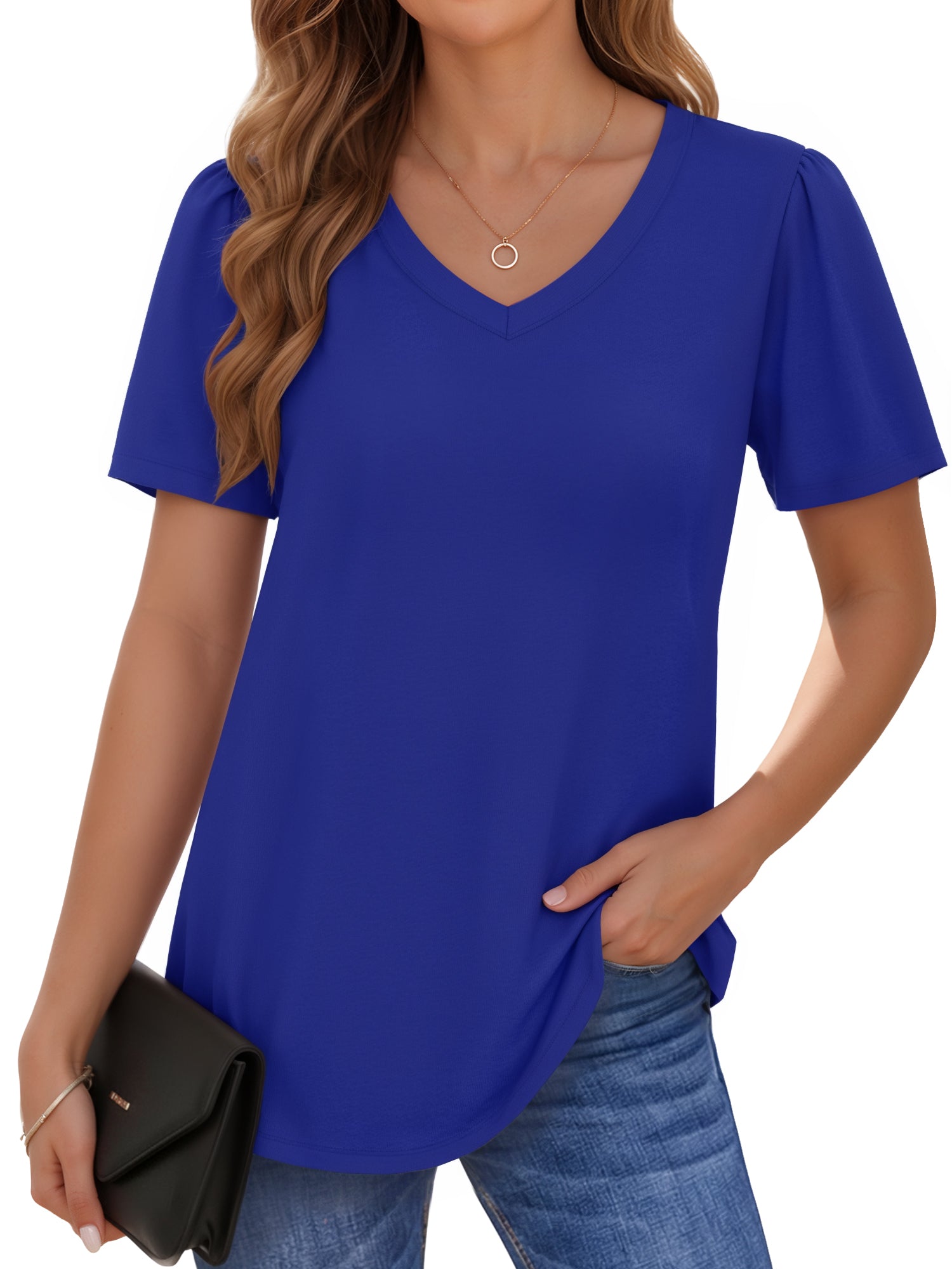 MOYIKO Womens Short Puff Sleeve T Shirts V Neck Summer Tops Trendy Dressy Casual Loose Fit Tees